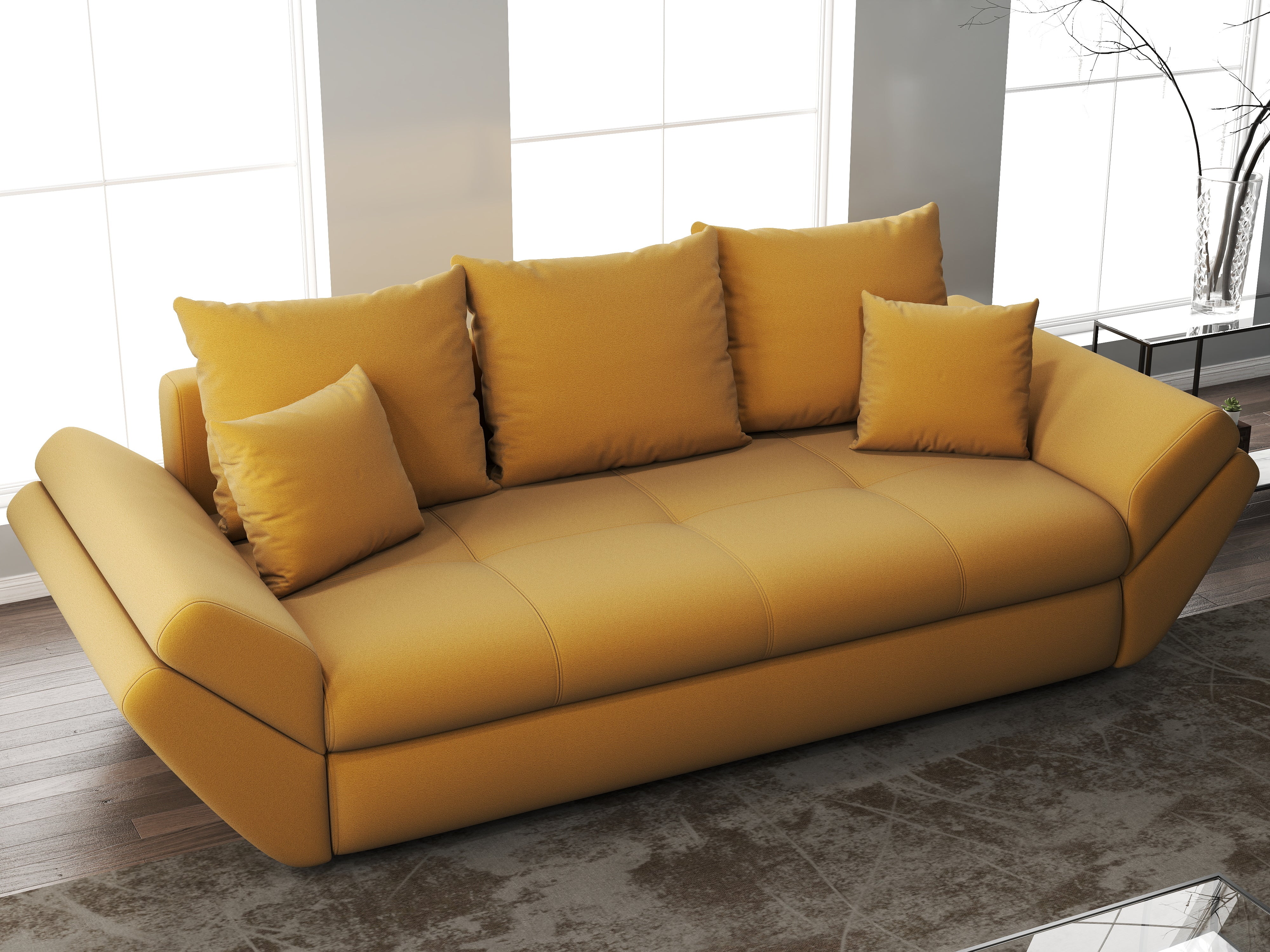 Canapea extensibilă dumonde cu ladă de depozitare si sezut confortabil din spuma HR, Loana Royal Mustar 250x100 cm Fabrica