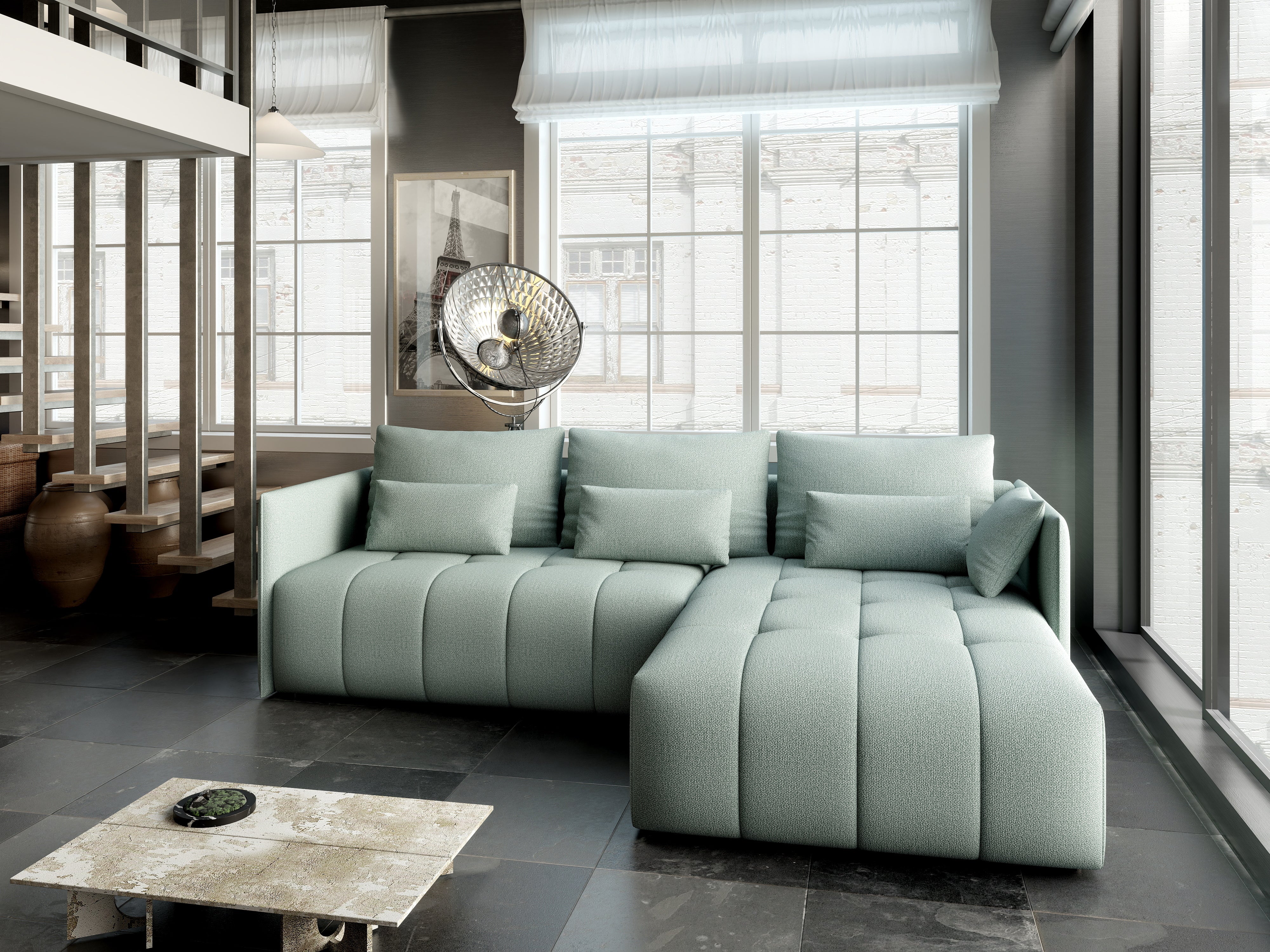 Colțar extensibil dumonde cu ladă de depozitare si sezut confortabil din spuma HR, Malta Enjoy Mint II 235x185 cm Fabrica