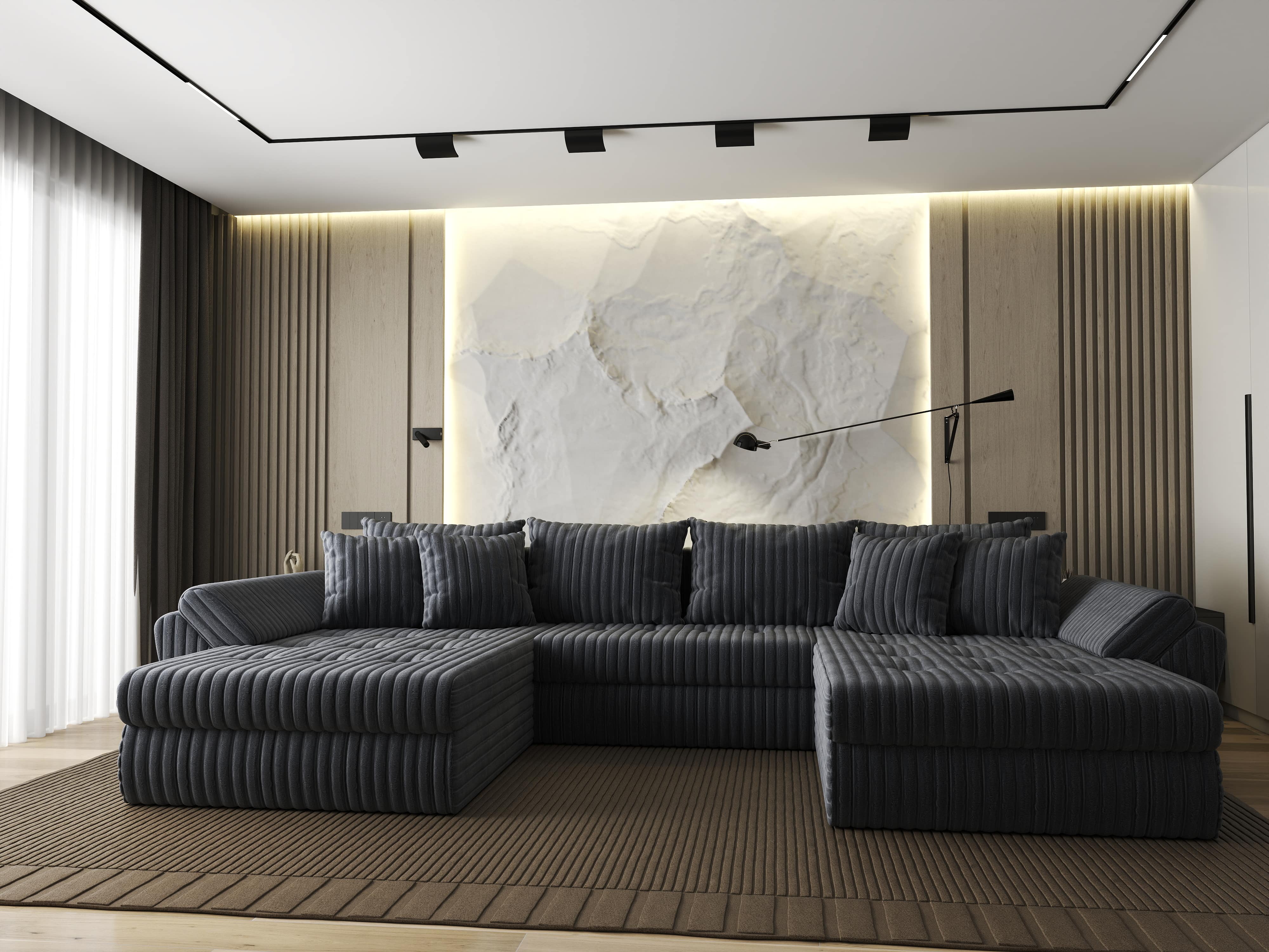 Colțar extensibil dumonde cu ladă de depozitare si sezut confortabil din spuma HR, Loana U Ambience Grey 355x185 cm Fabrica