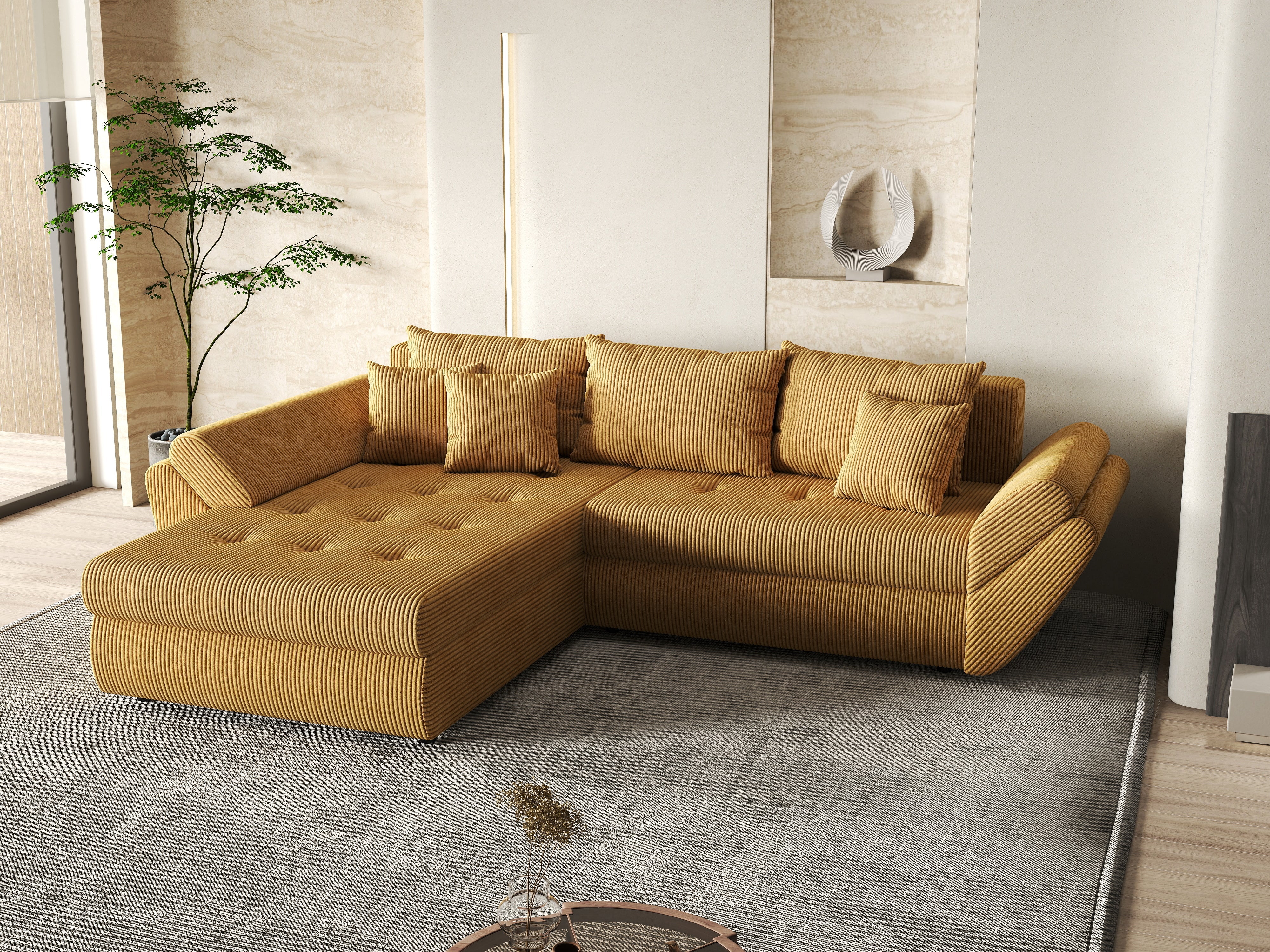 Colțar extensibil dumonde cu ladă de depozitare si sezut confortabil din spuma HR, Loana Zoom Mustar 270x185 cm Fabrica