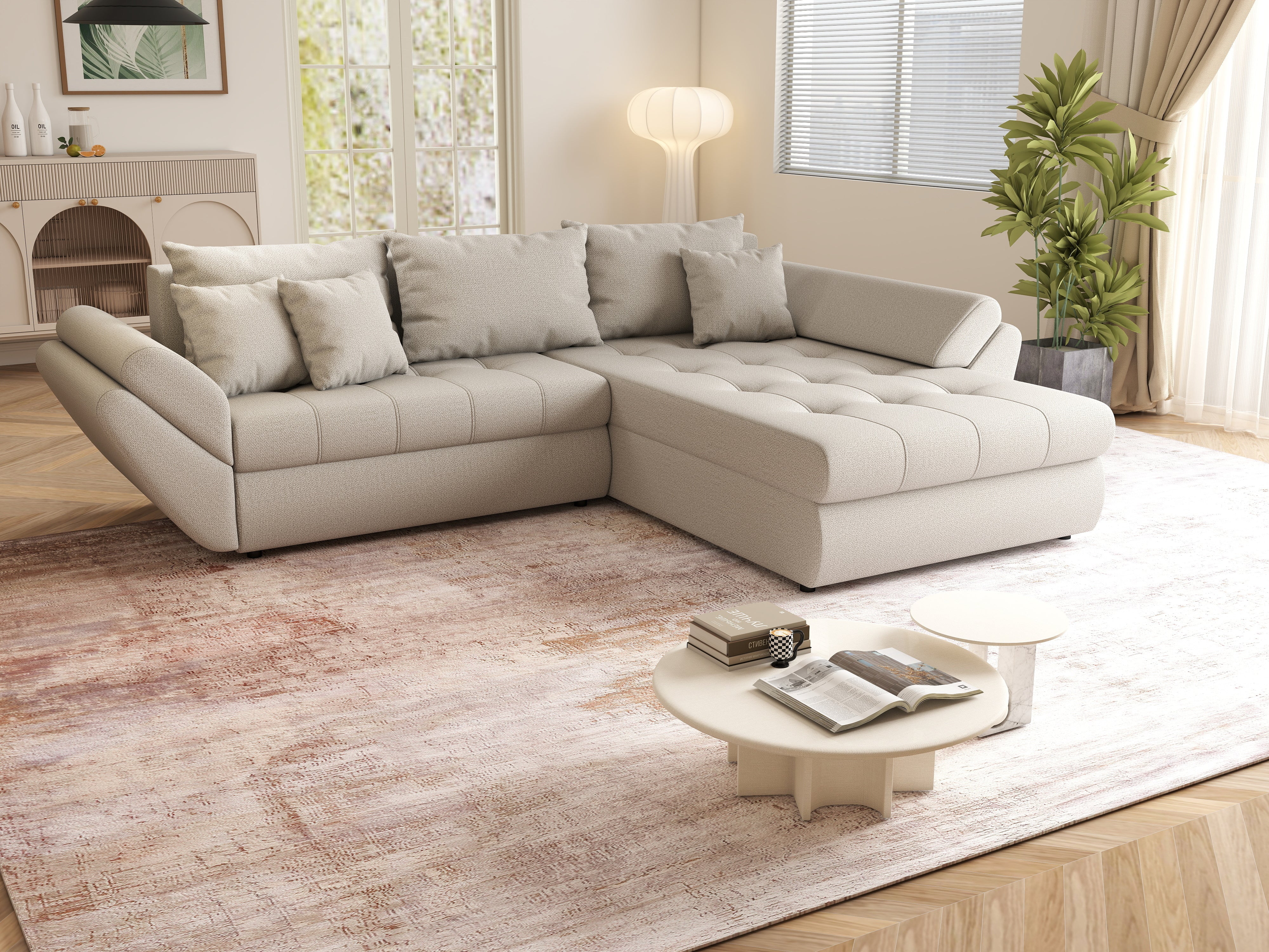 Colțar extensibil dumonde cu ladă de depozitare si sezut confortabil din spuma HR, Loana Enjoy Bej II 270x185 cm Fabrica