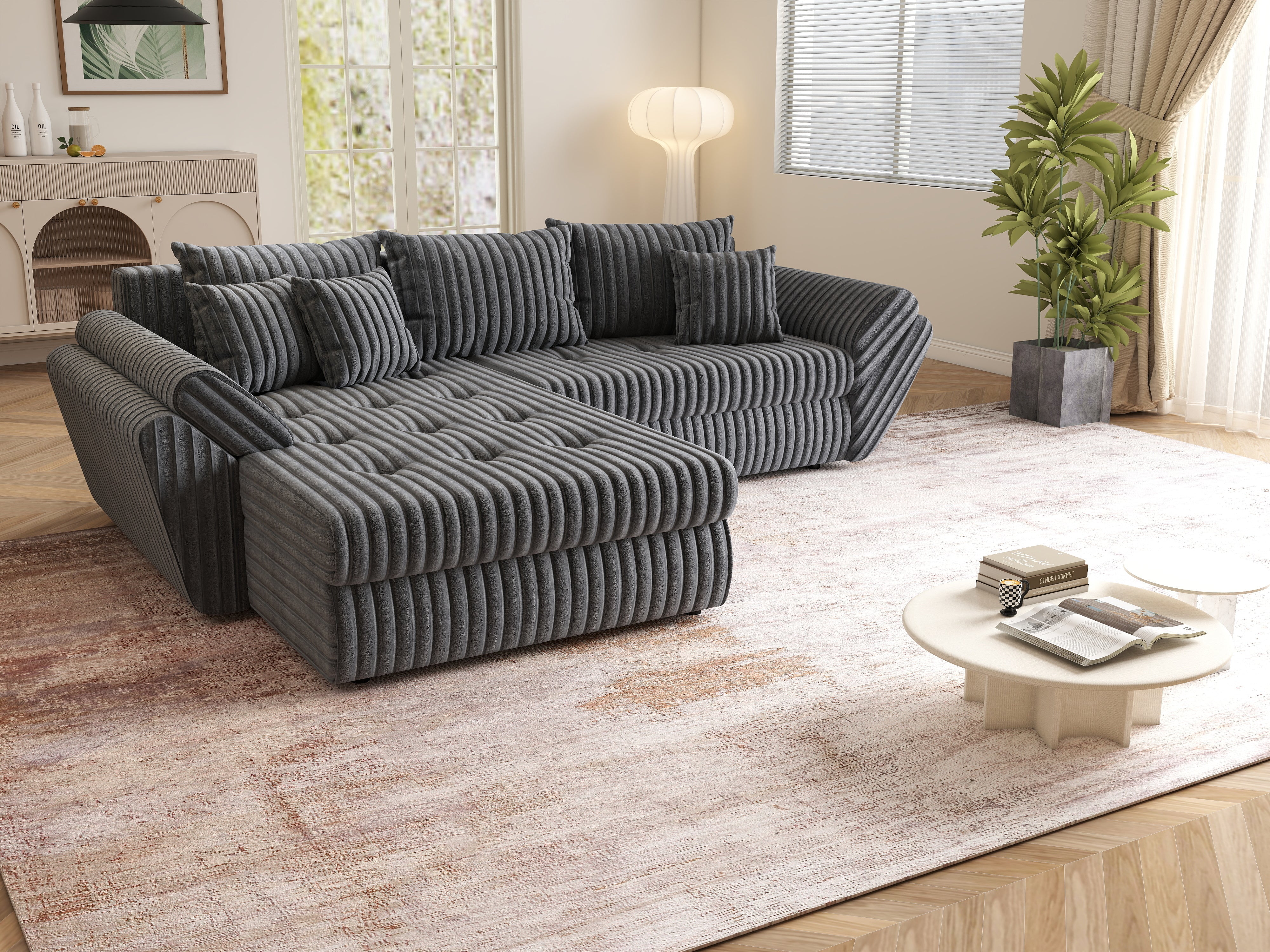 Colțar extensibil dumonde cu ladă de depozitare si sezut confortabil din spuma HR, Loana Ambience Antracit 270x185 cm Fabrica