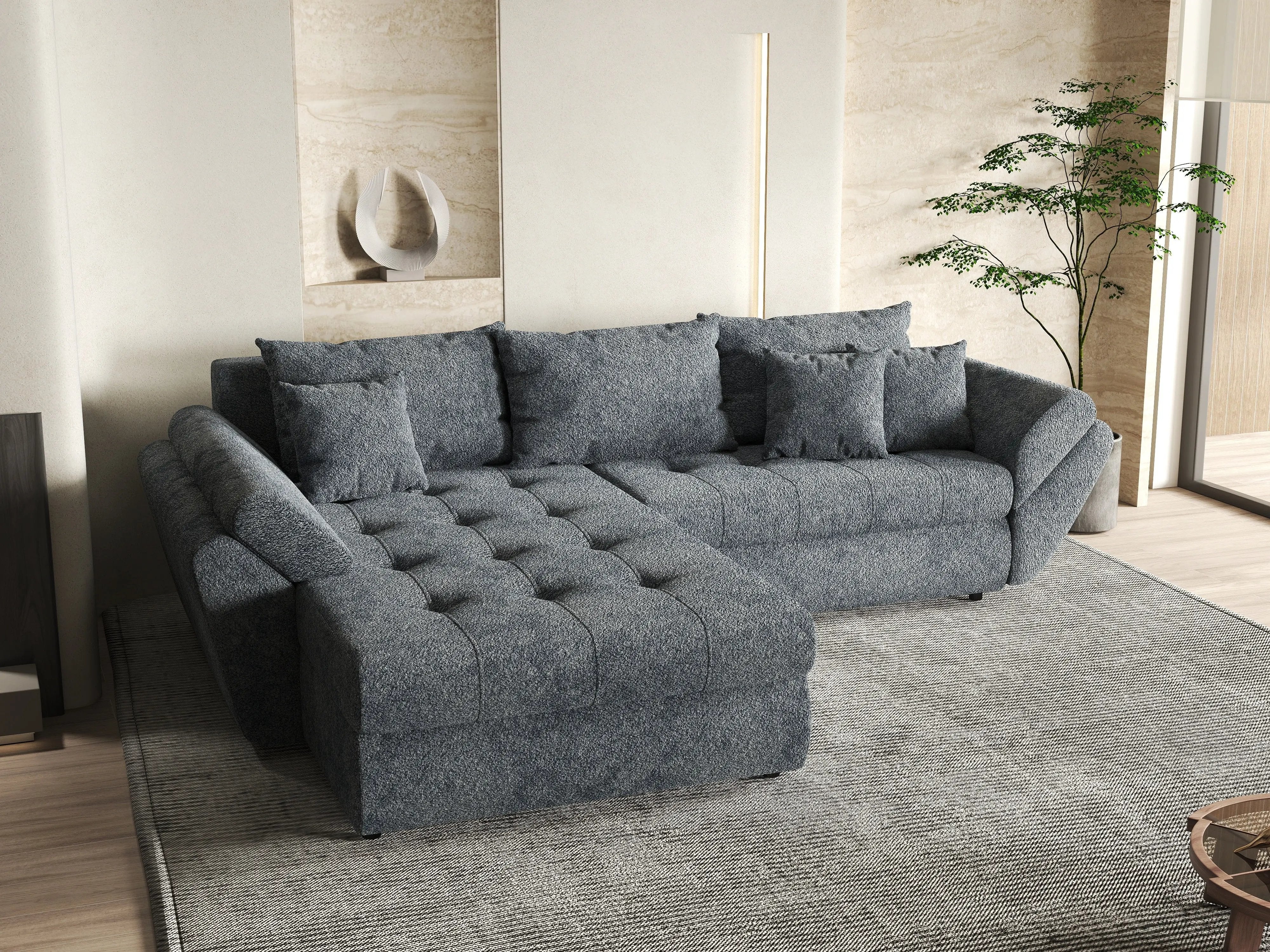 Colțar extensibil dumonde cu ladă de depozitare si sezut confortabil din spuma HR, Loana Euphoria Graphit 270x185 cm Fabrica