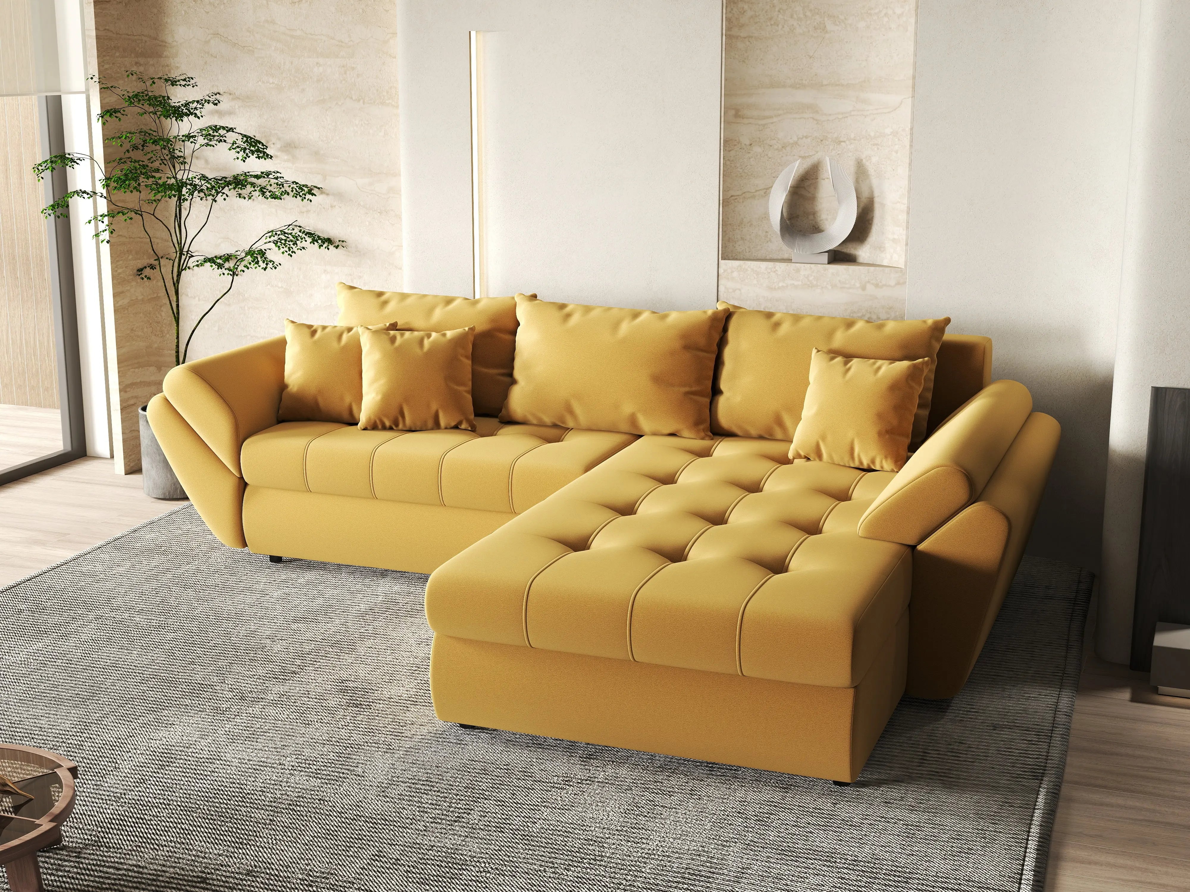 Colțar extensibil dumonde cu ladă de depozitare si sezut confortabil din spuma HR, Loana Muștar II 270x185 cm Fabrica