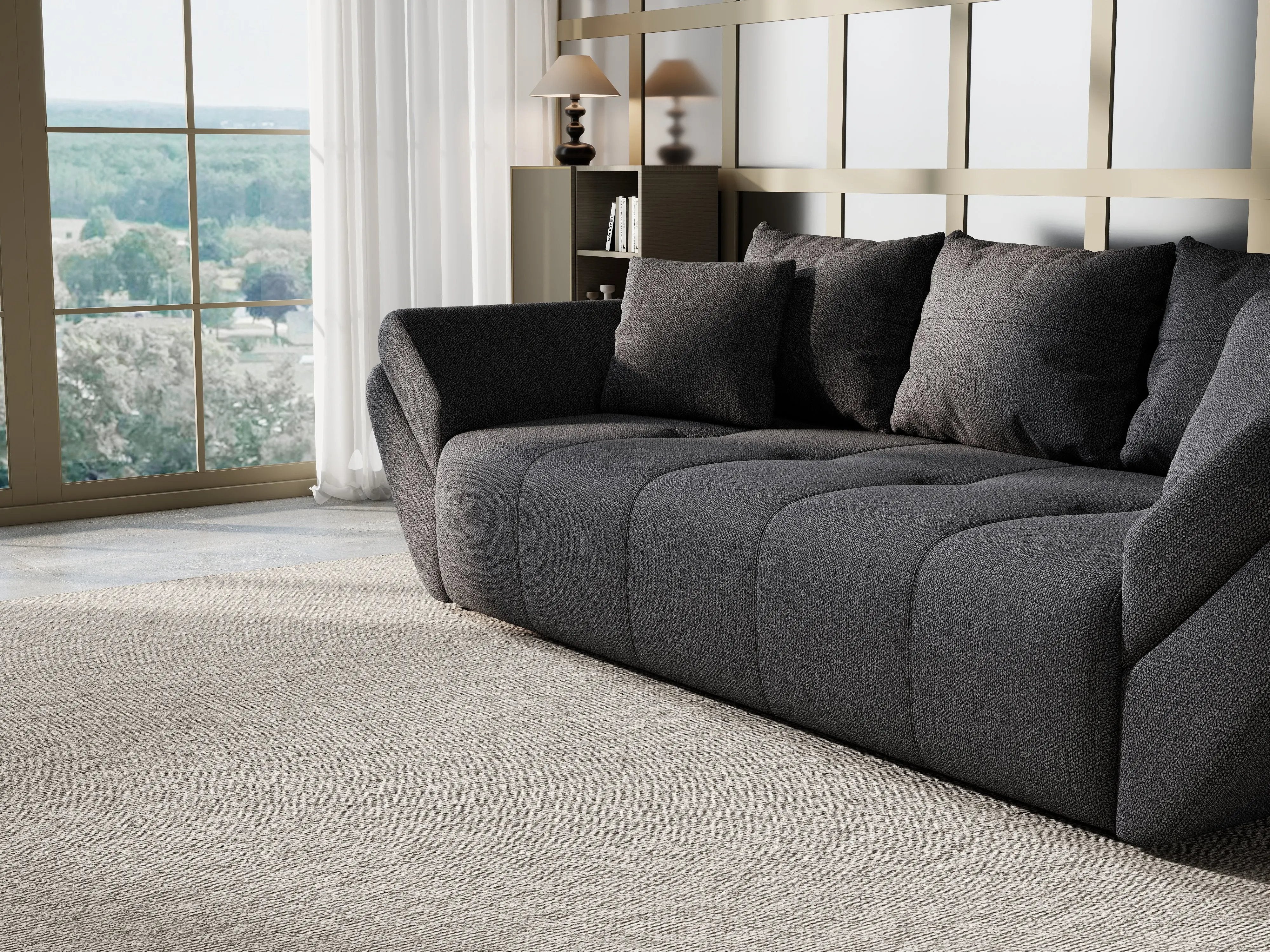 Canapea extensibilă dumonde cu ladă de depozitare si sezut confortabil din spuma HR, Berlin Enjoy Graphite 250x100 cm Fabrica