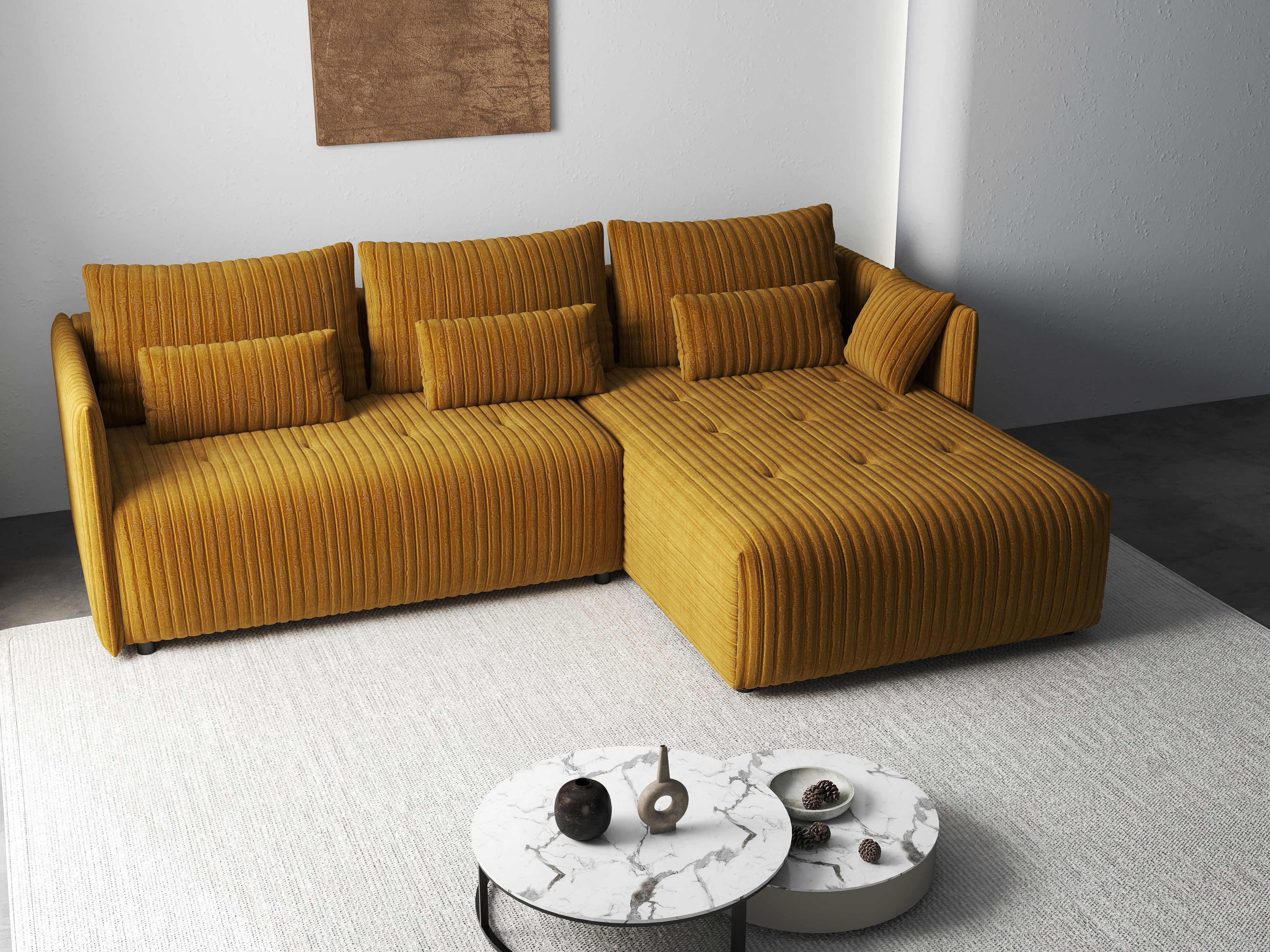 Colțar extensibil dumonde cu ladă de depozitare si sezut confortabil din spuma HR, Malta Ambience Mustard II 235x185 cm Fabrica