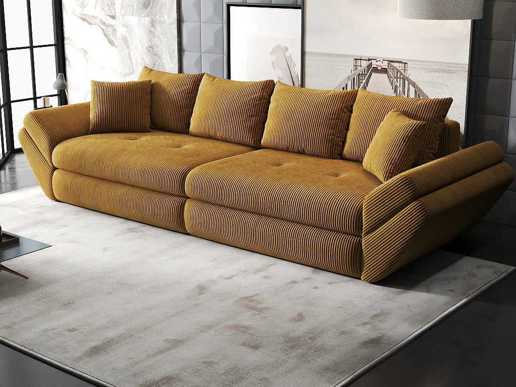 Canapea extensibilă dumonde cu ladă de depozitare si sezut confortabil din spuma HR, Loana Zoom Mustar 300x100 cm Fabrica