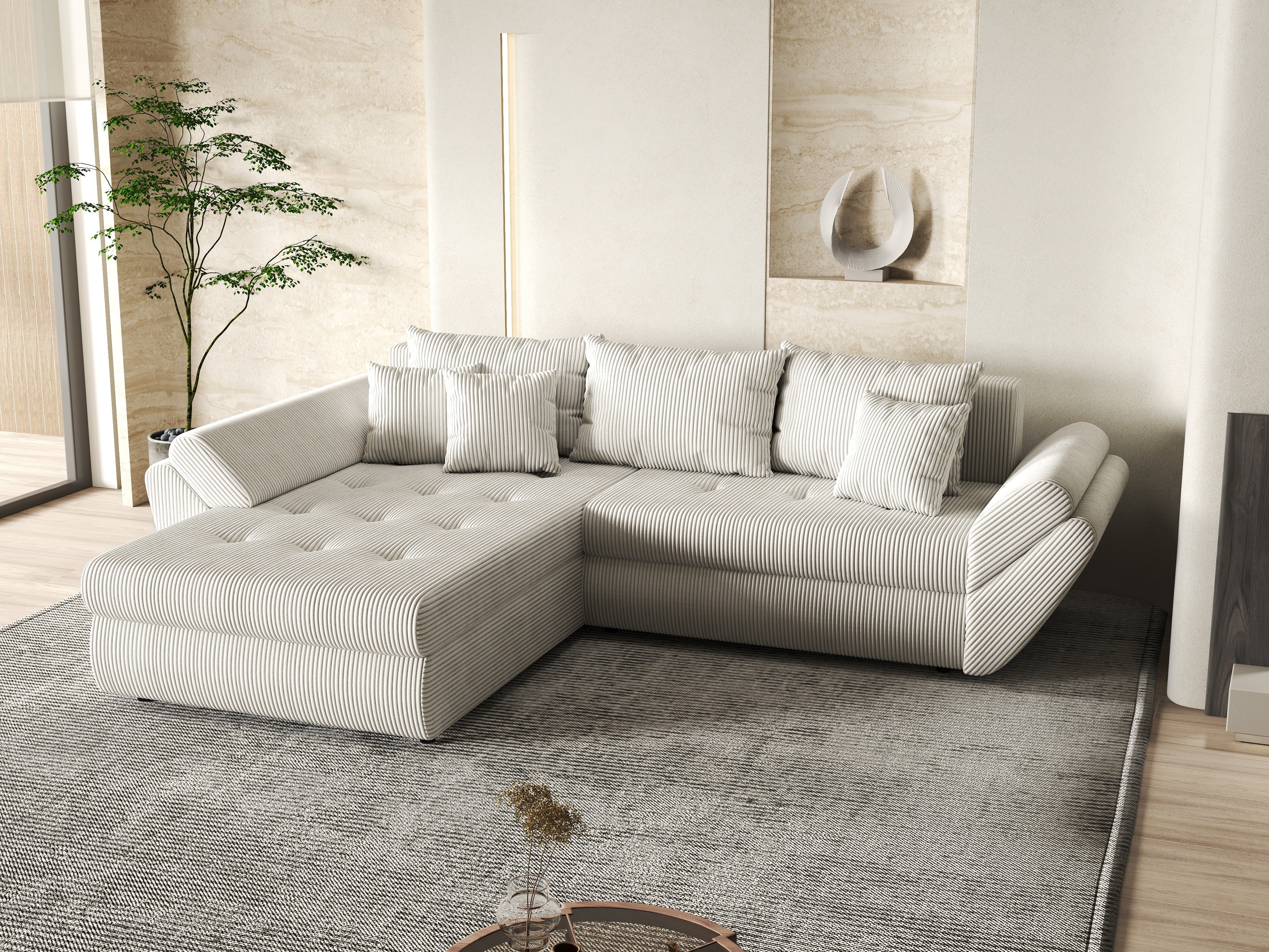 Colțar extensibil dumonde cu ladă de depozitare si sezut confortabil din spuma HR, Loana Zoom Crem 270x185 cm Fabrica