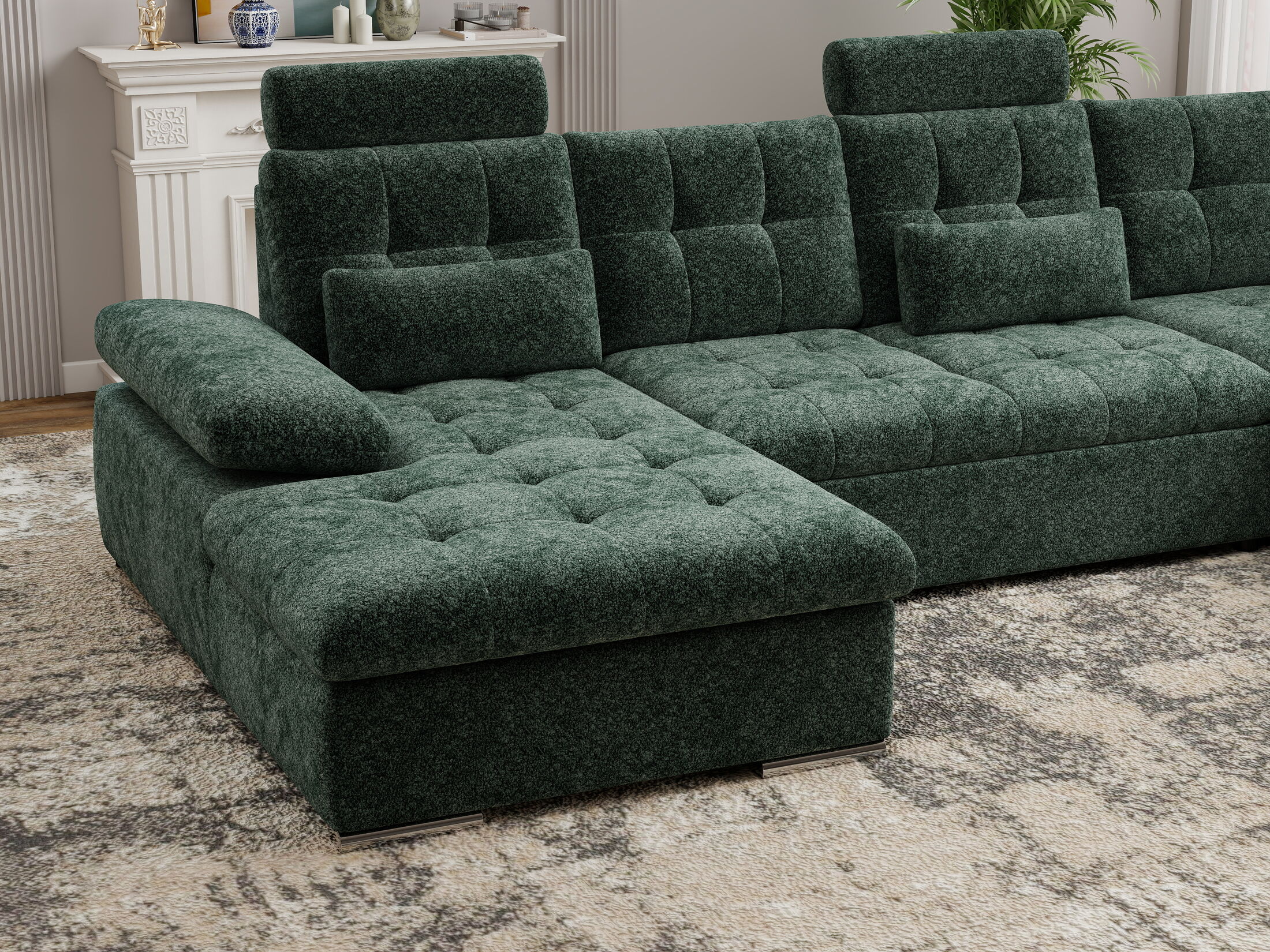 Colțar extensibil dumonde cu ladă de depozitare și șezut confortabil din spumă HR, Merkur U Euphoria Verde 324x218 cm