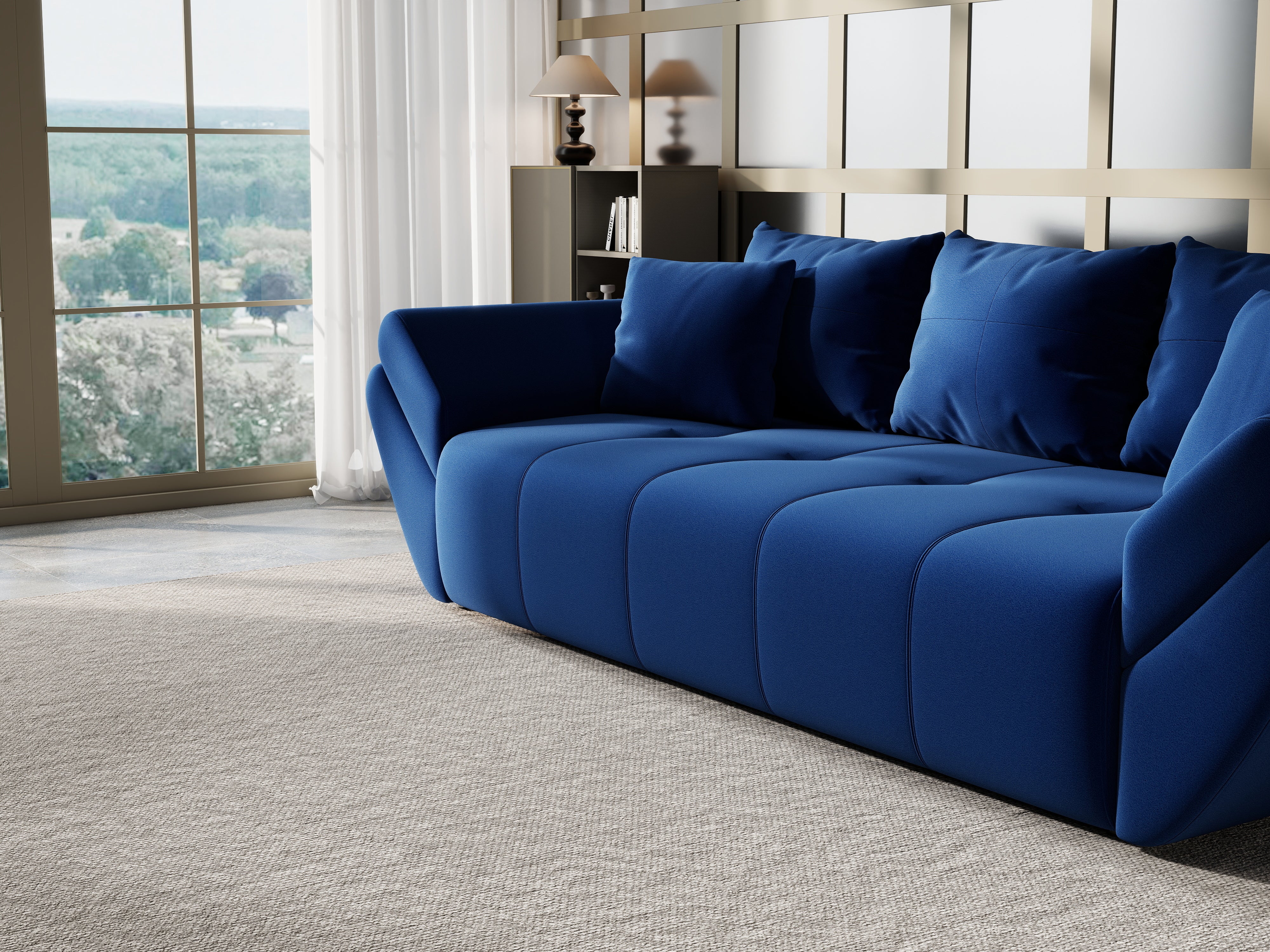 Canapea extensibilă dumonde cu ladă de depozitare si sezut confortabil din spuma HR, Berlin Royal Blue 250x100 cm Fabrica