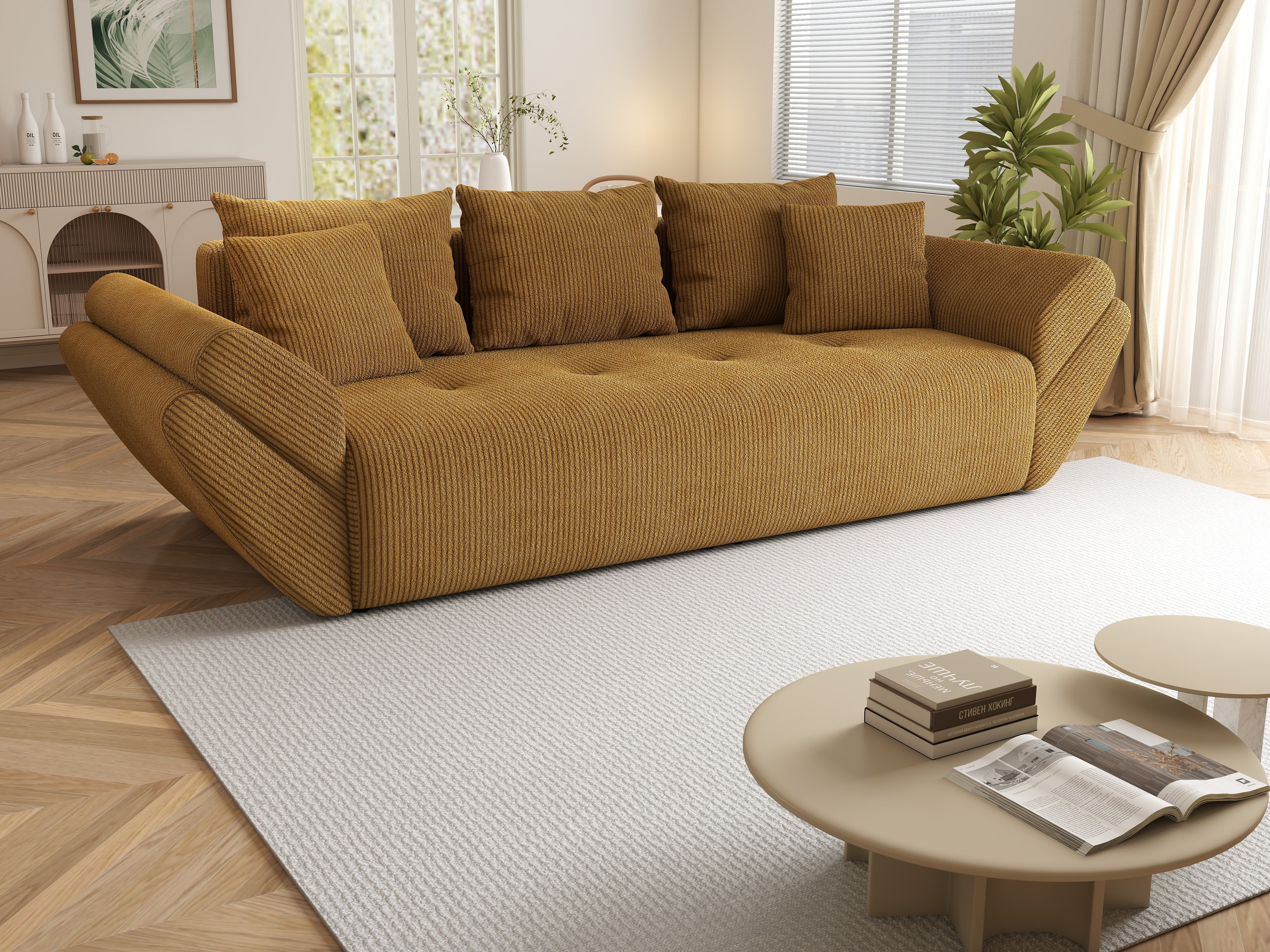 Canapea extensibilă dumonde cu ladă de depozitare si sezut confortabil din spuma HR, Berlin Zoom Mustar 250x100 cm Fabrica