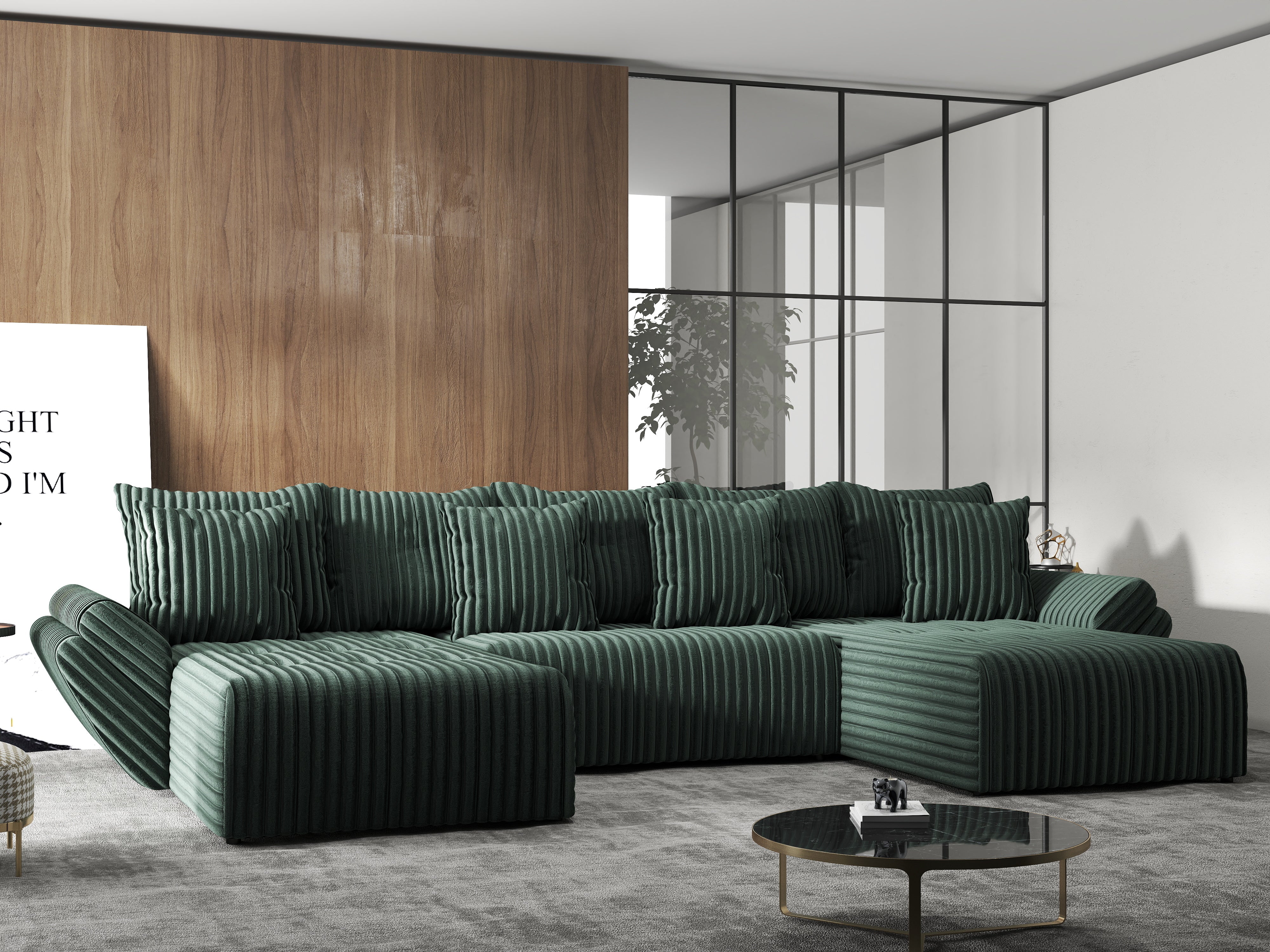 Colțar extensibil dumonde cu ladă de depozitare si sezut confortabil din spuma HR, Berlin U Verde Ambience 380x180 cm Fabrica