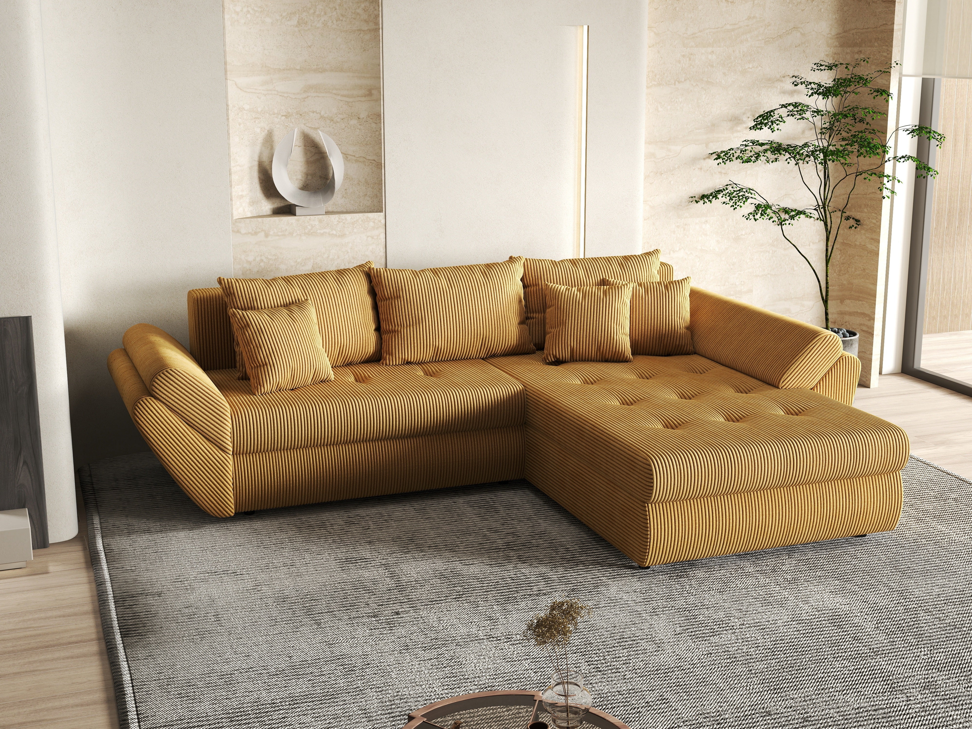 Colțar extensibil dumonde cu ladă de depozitare si sezut confortabil din spuma HR, Loana Zoom Mustar II 270x185 cm Fabrica