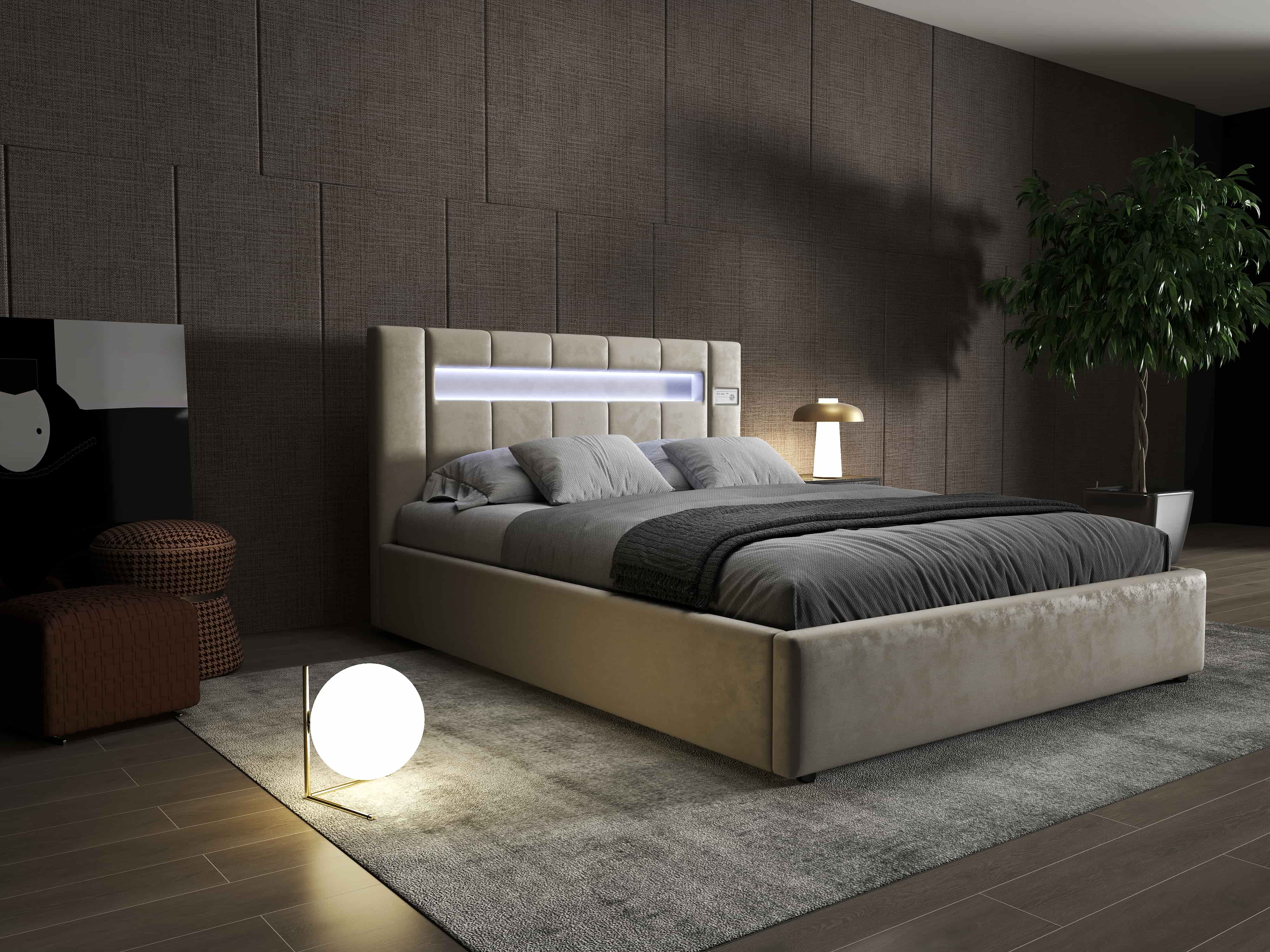Pat dormitor dumonde, tapitat bej, Glow 180x200 cm, somiera rabatabila inclusa, spatiu depozitare WLS