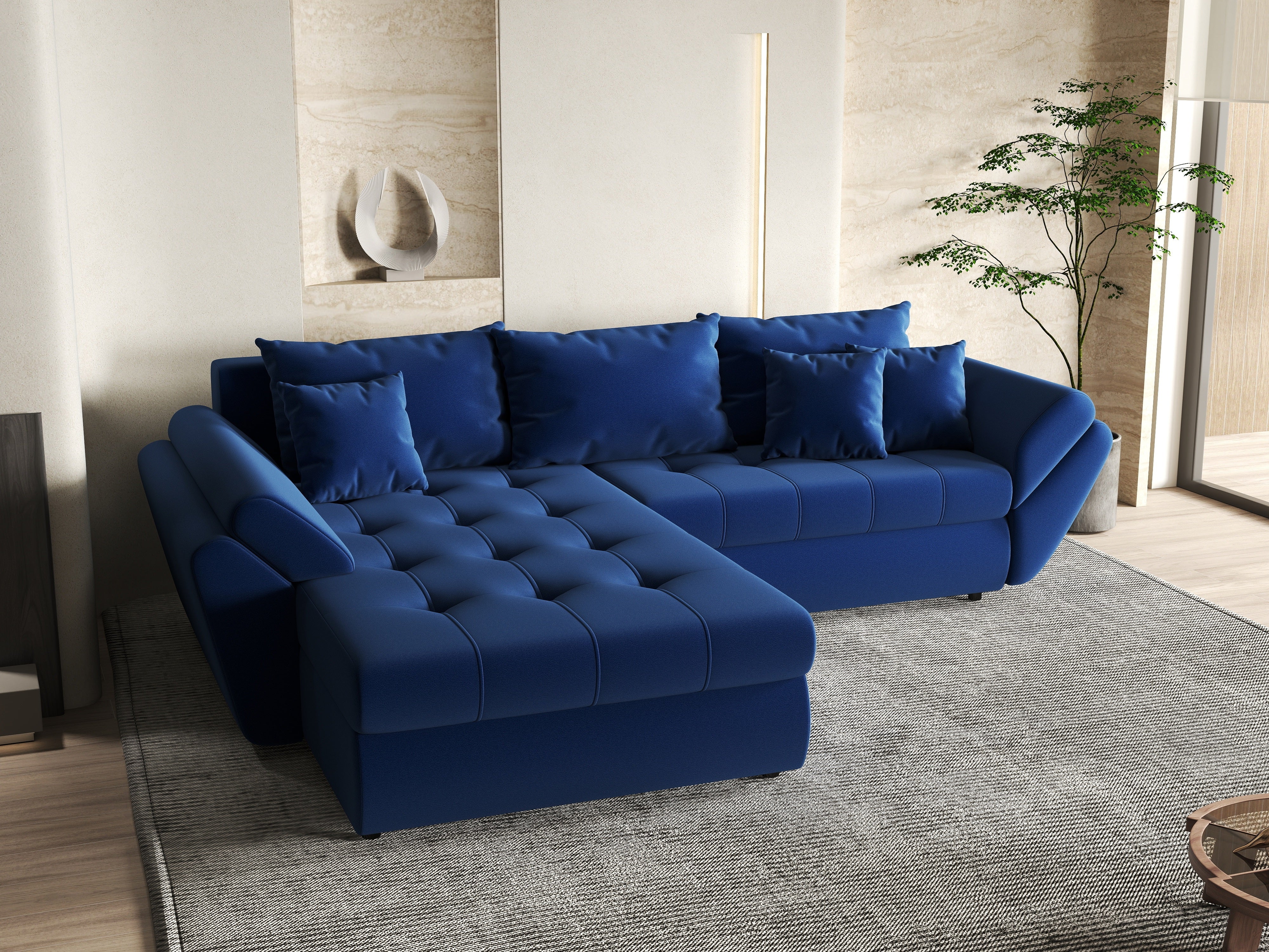 Colțar extensibil dumonde cu ladă de depozitare si sezut confortabil din spuma HR, Loana Royal Blue 270x185 cm Fabrica