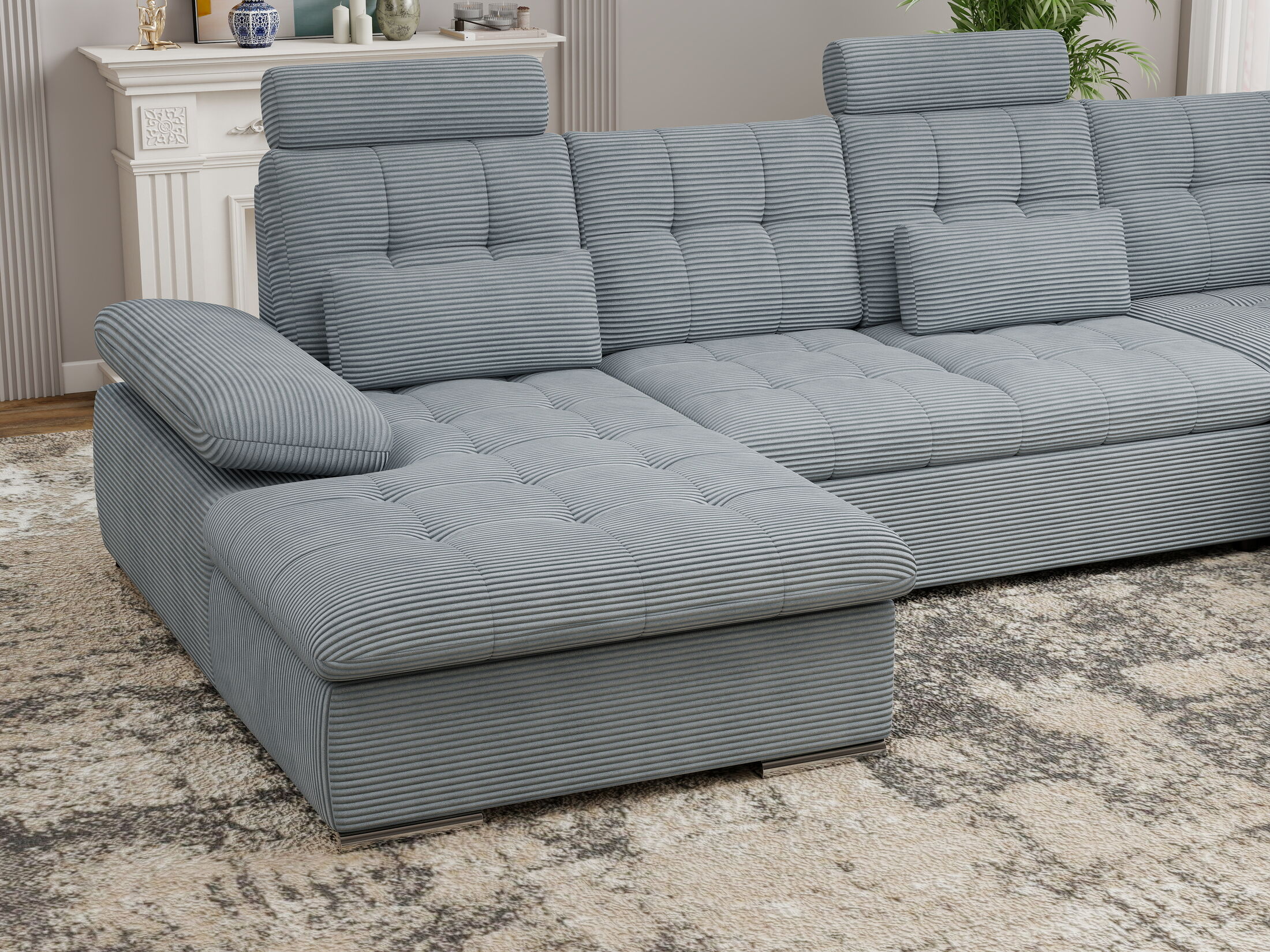 Colțar extensibil dumonde cu ladă de depozitare și șezut confortabil din spumă HR, Merkur U Zoom Gri Mint 324x218 cm