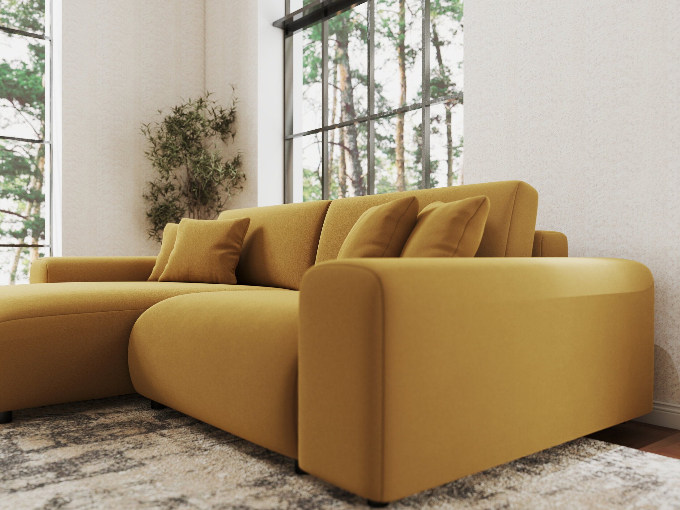 Colțar extensibil dumonde cu ladă de depozitare si sezut confortabil din spuma HR, Sarina Royal Mustar 255x168 cm