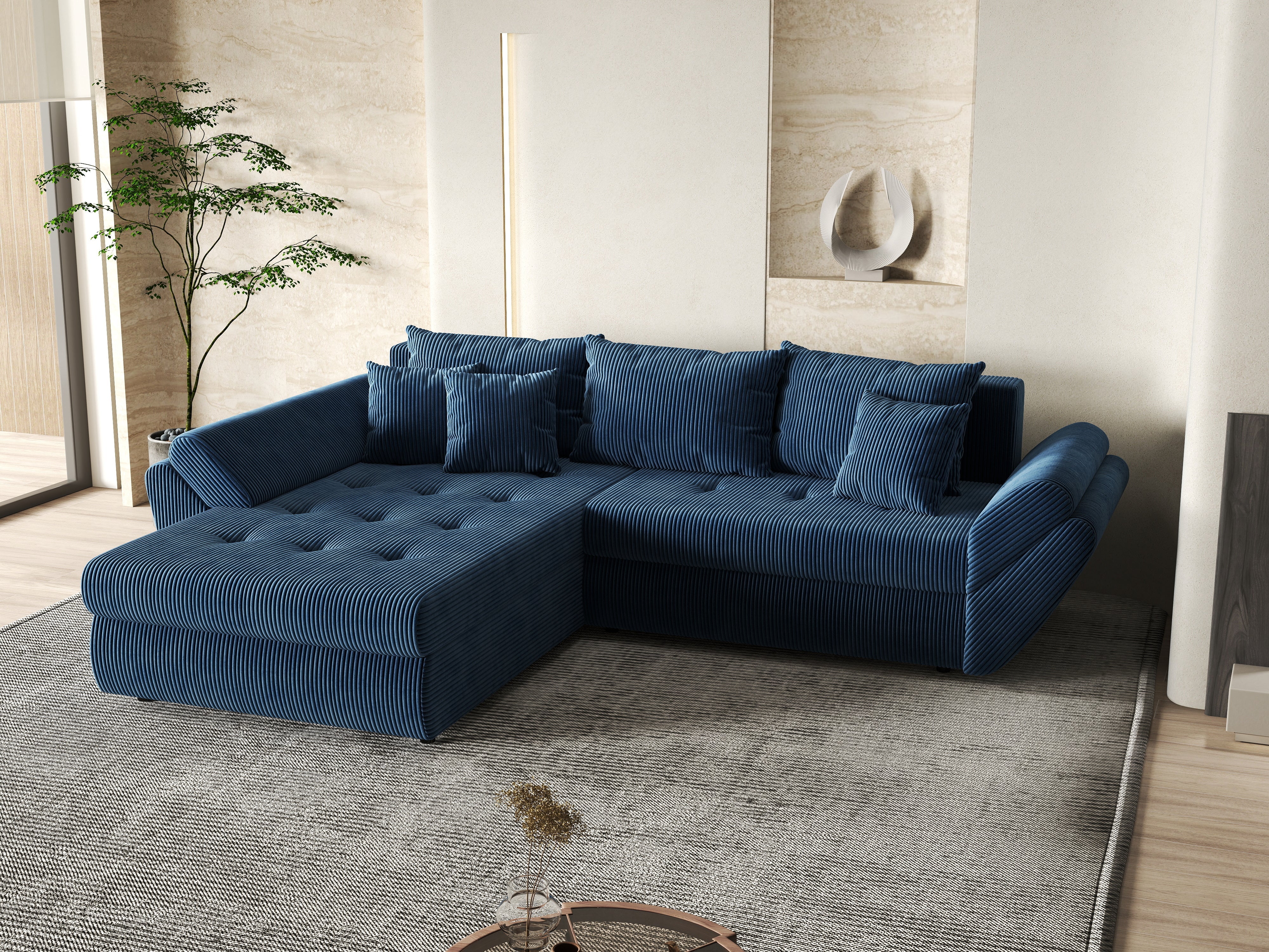 Colțar extensibil dumonde cu ladă de depozitare si sezut confortabil din spuma HR, Loana Zoom Blue 270x185 cm Fabrica