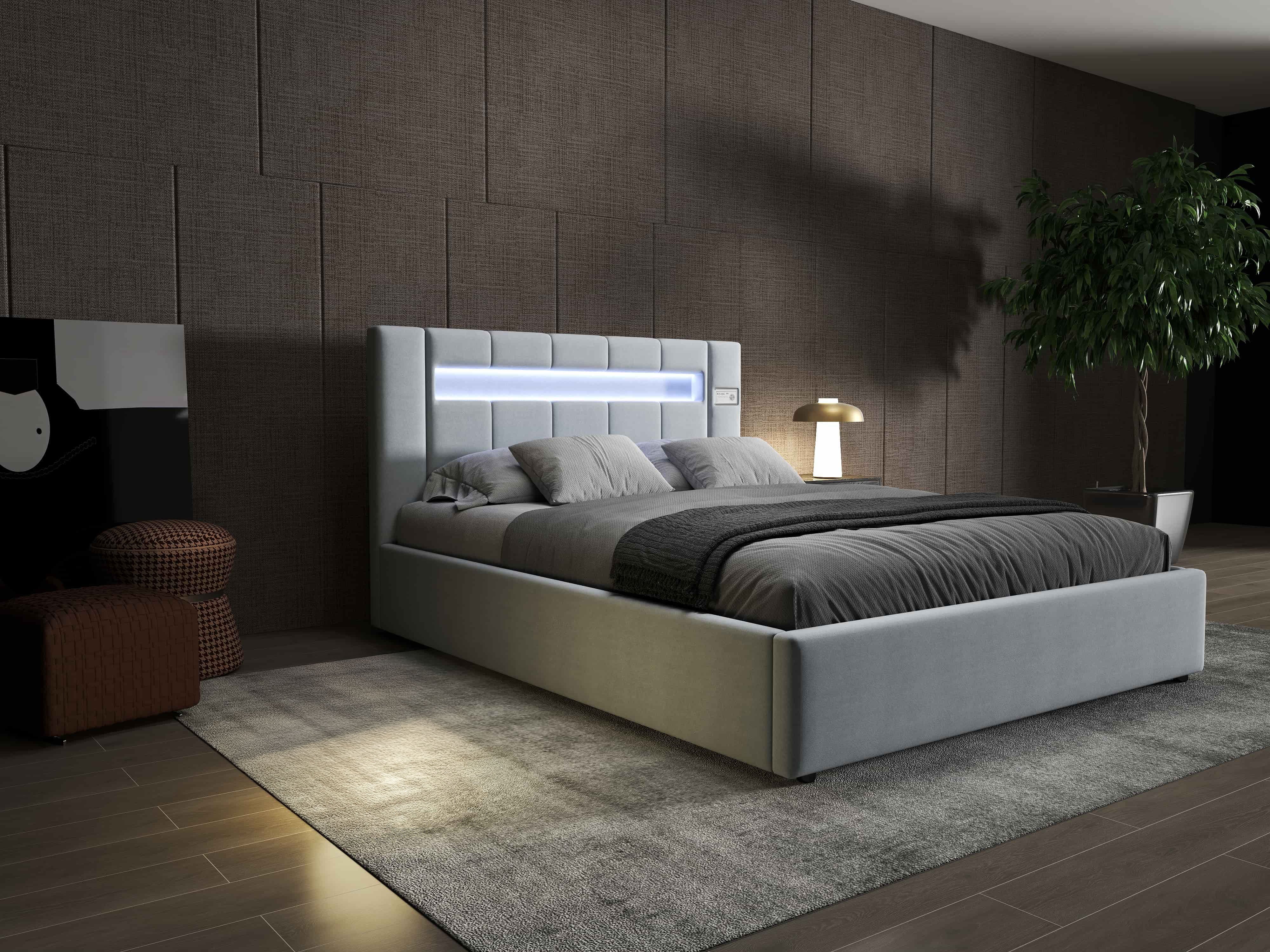 Pat dormitor dumonde, tapitat gri, Glow 180x200 cm, somiera rabatabila inclusa, spatiu depozitare WLS