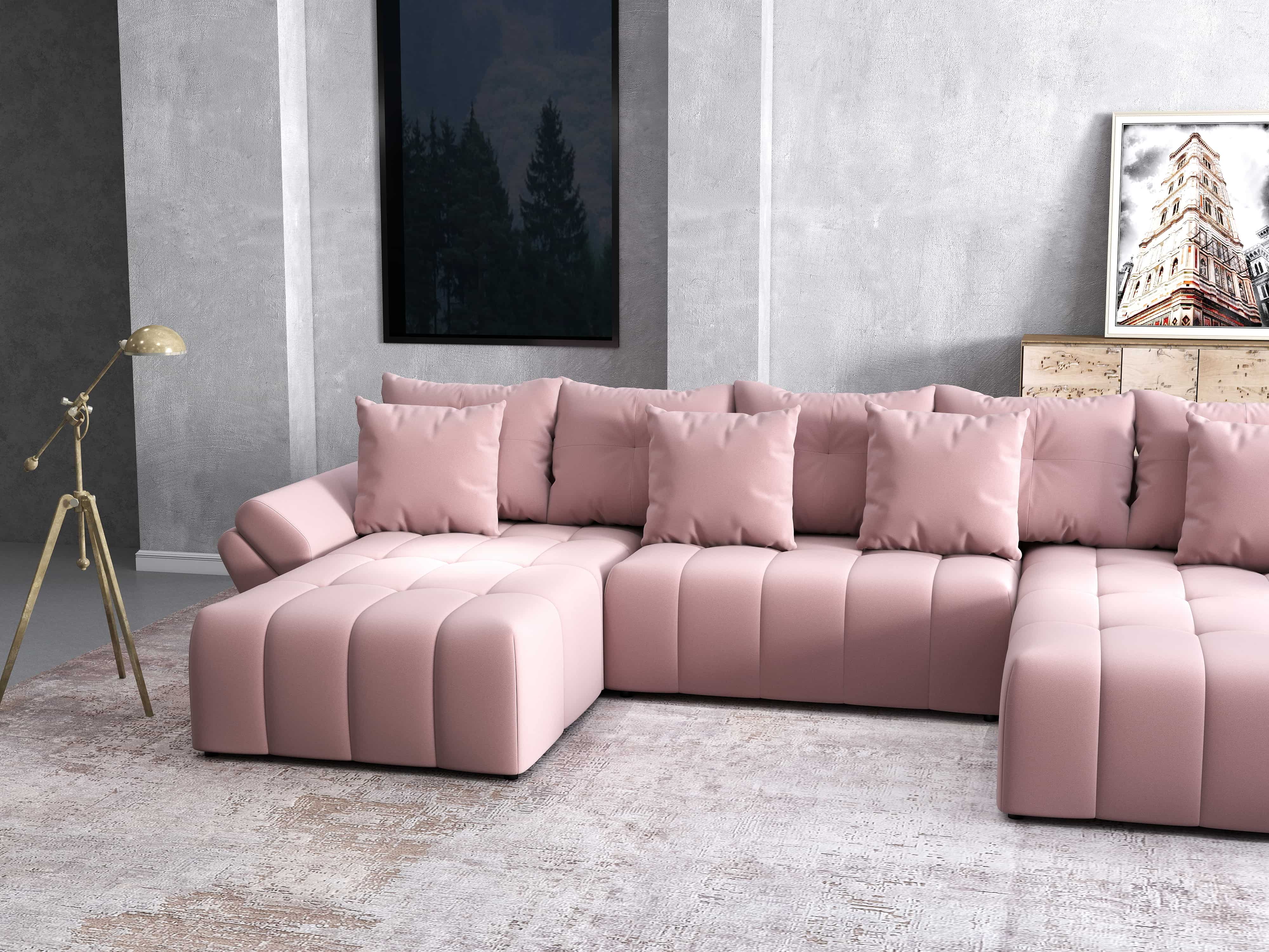 Colțar extensibil dumonde cu ladă de depozitare si sezut confortabil din spuma HR, Berlin U Royal Roz 380x180 cm Fabrica