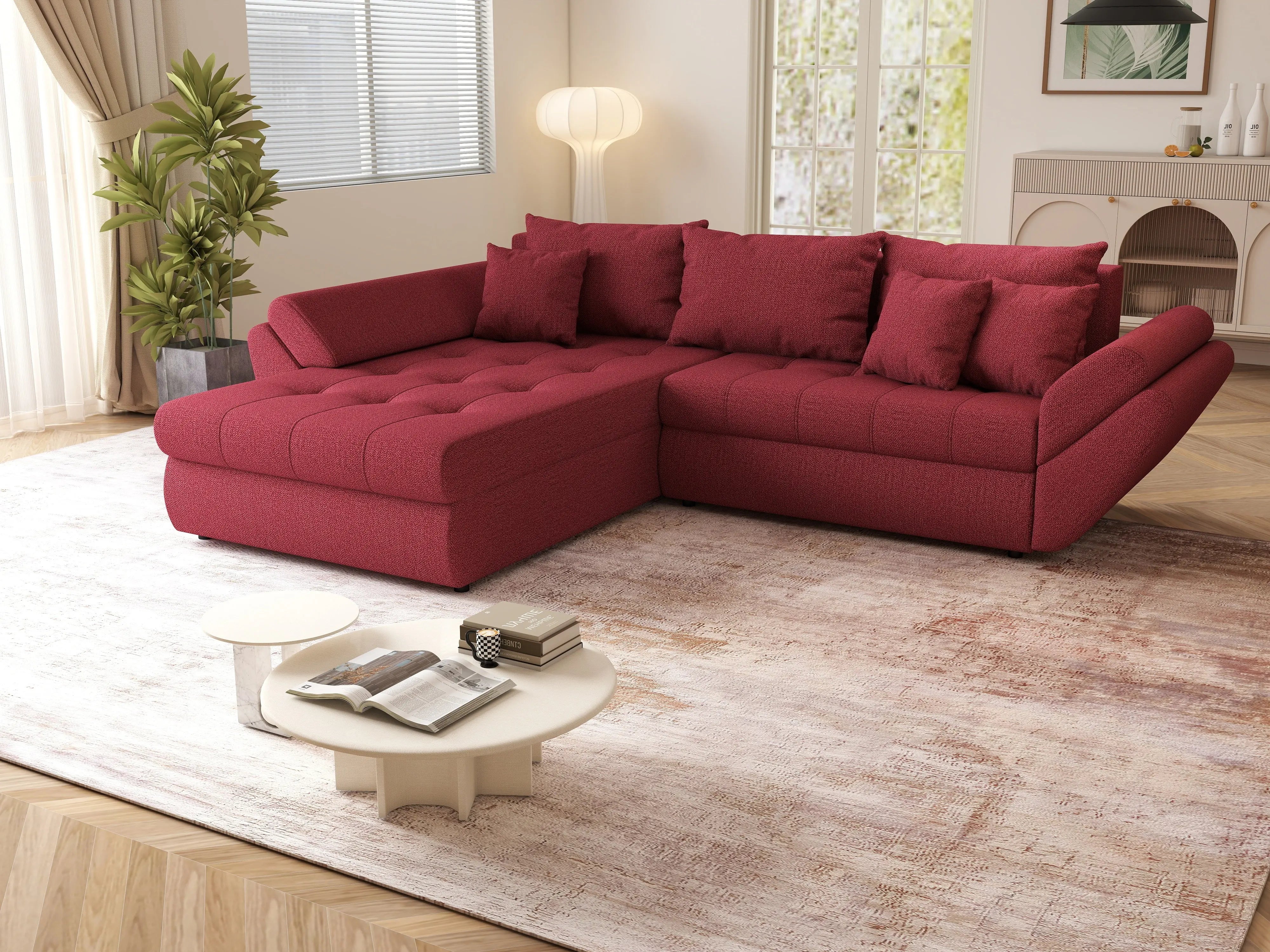 Colțar extensibil dumonde cu ladă de depozitare si sezut confortabil din spuma HR, Loana Bordoux 270x185 cm Fabrica