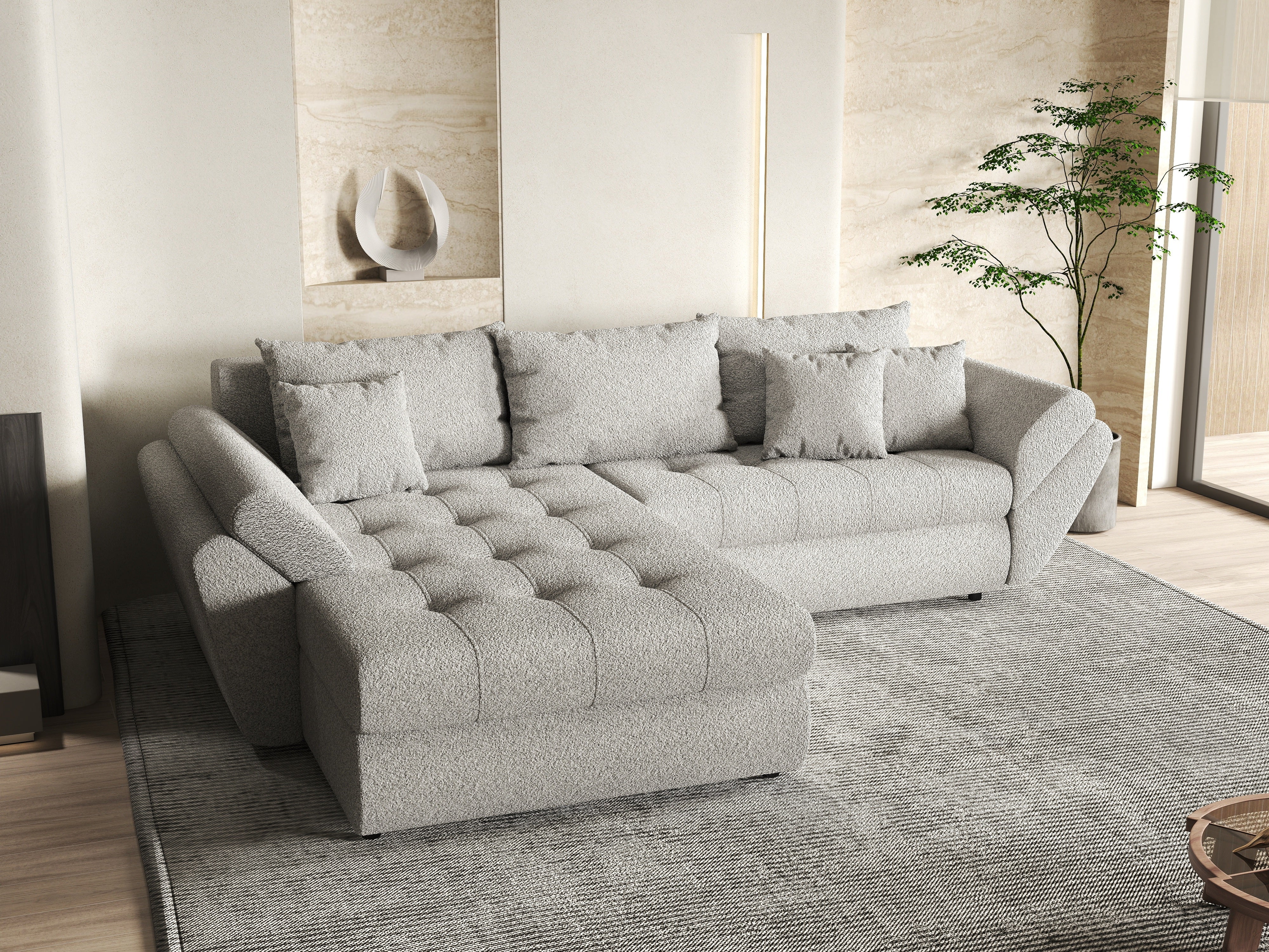 Colțar extensibil dumonde cu ladă de depozitare si sezut confortabil din spuma HR, Loana Euphoria Dove 270x185 cm Fabrica