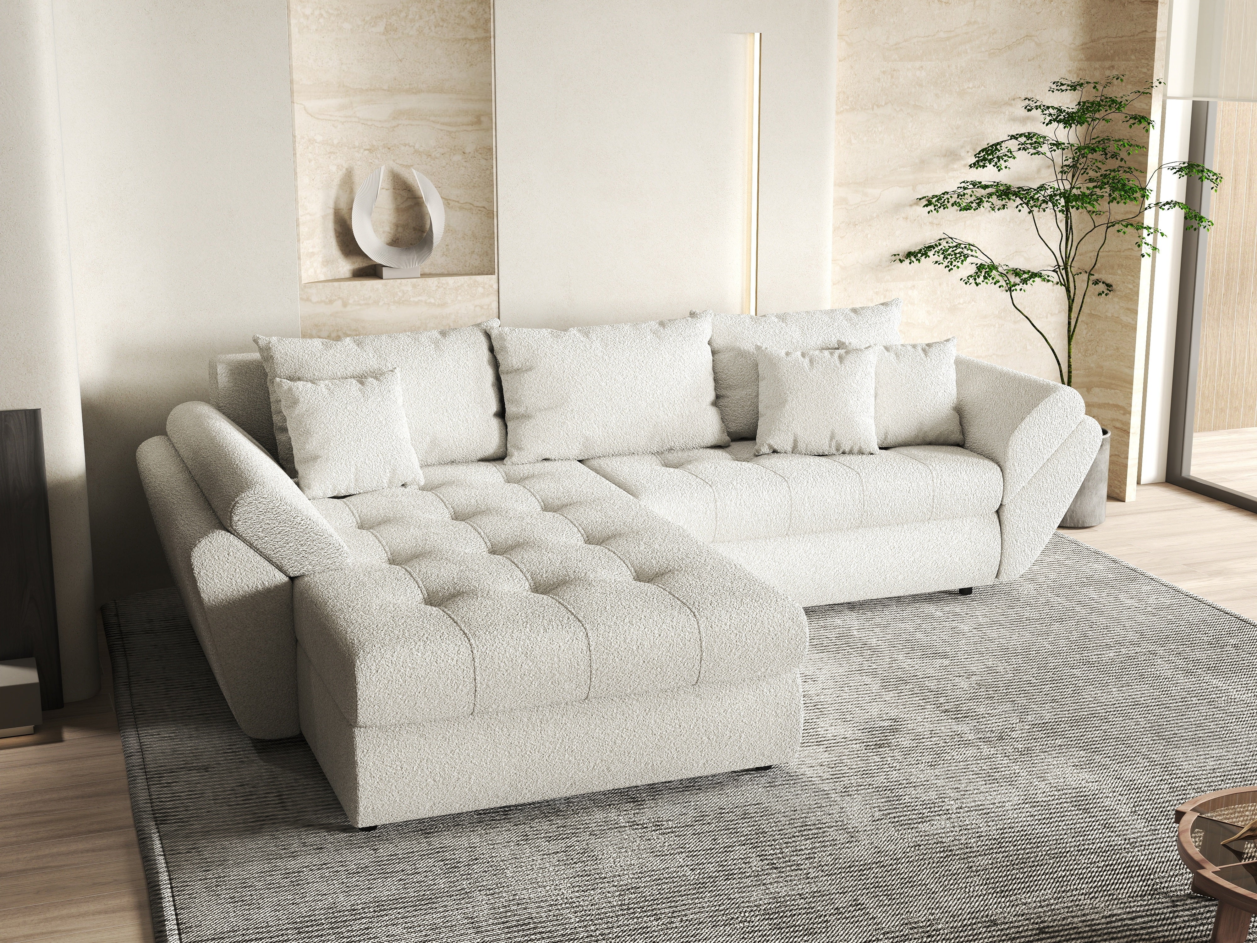 Colțar extensibil dumonde cu ladă de depozitare si sezut confortabil din spuma HR, Loana Euphoria Ivory 270x185 cm Fabrica
