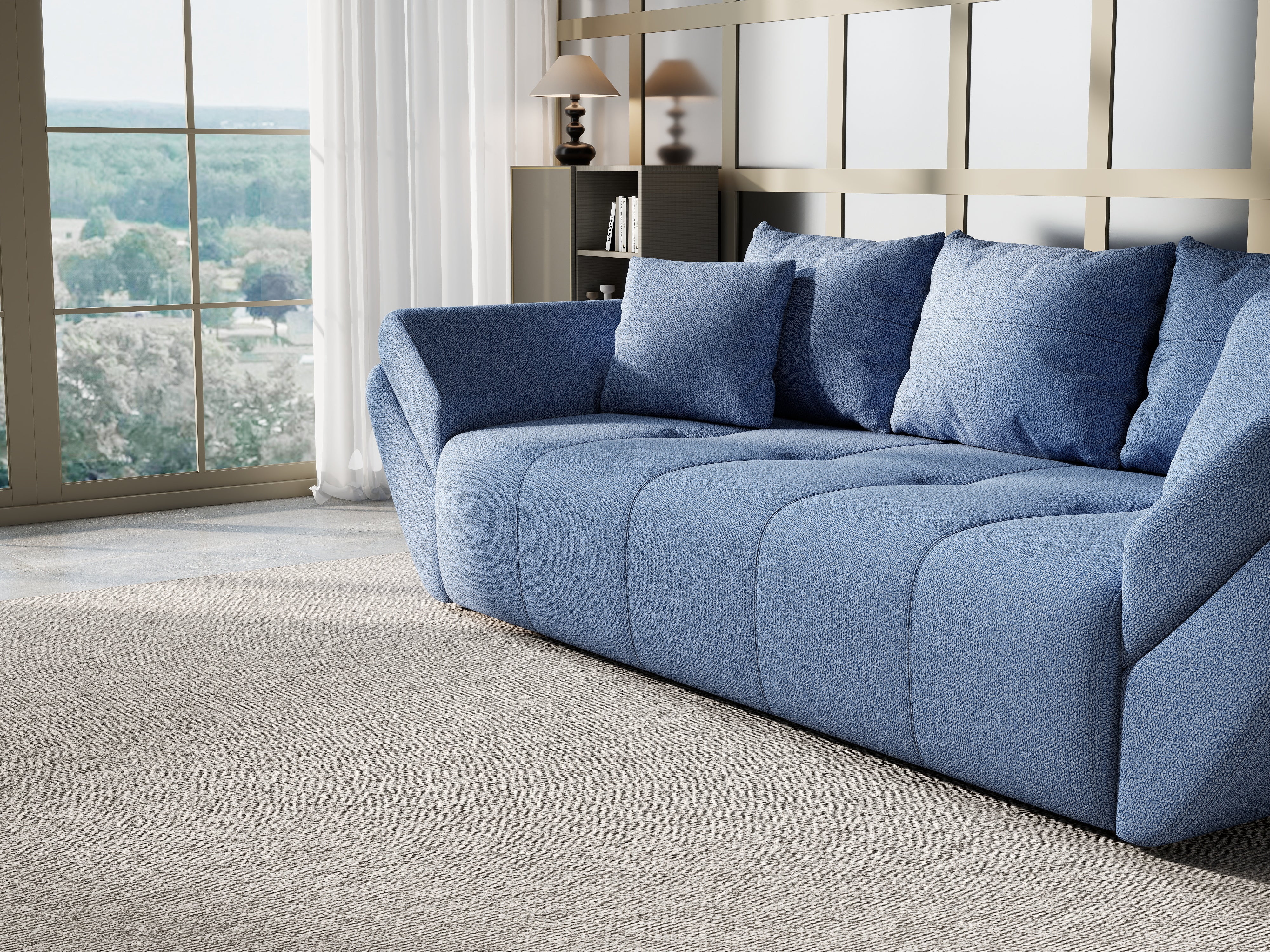 Canapea extensibilă dumonde cu ladă de depozitare si sezut confortabil din spuma HR, Berlin Enjoy Blue 250x100 cm Fabrica