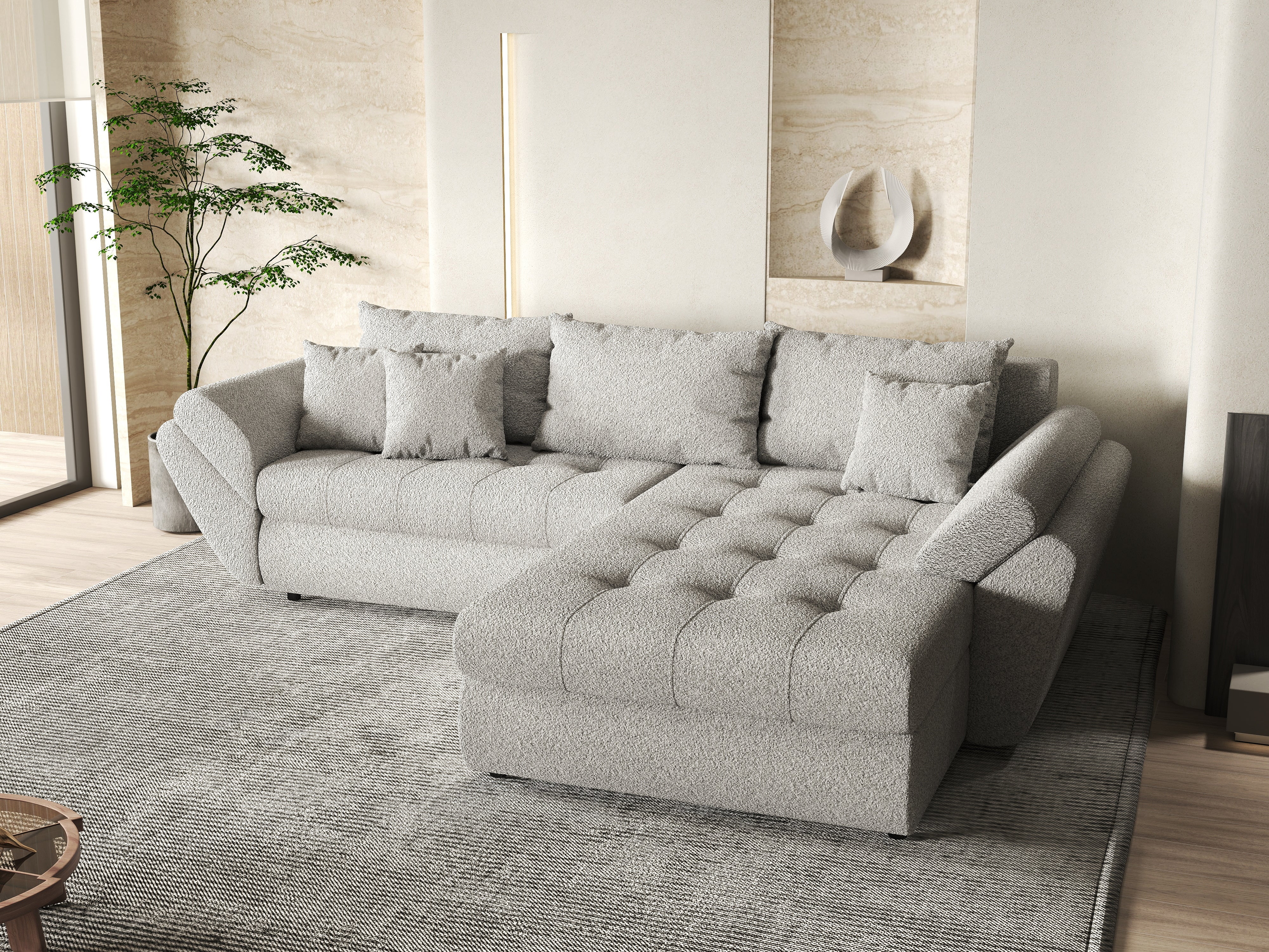 Colțar extensibil dumonde cu ladă de depozitare si sezut confortabil din spuma HR, Loana Euphoria Dove II 270x185 cm Fabrica