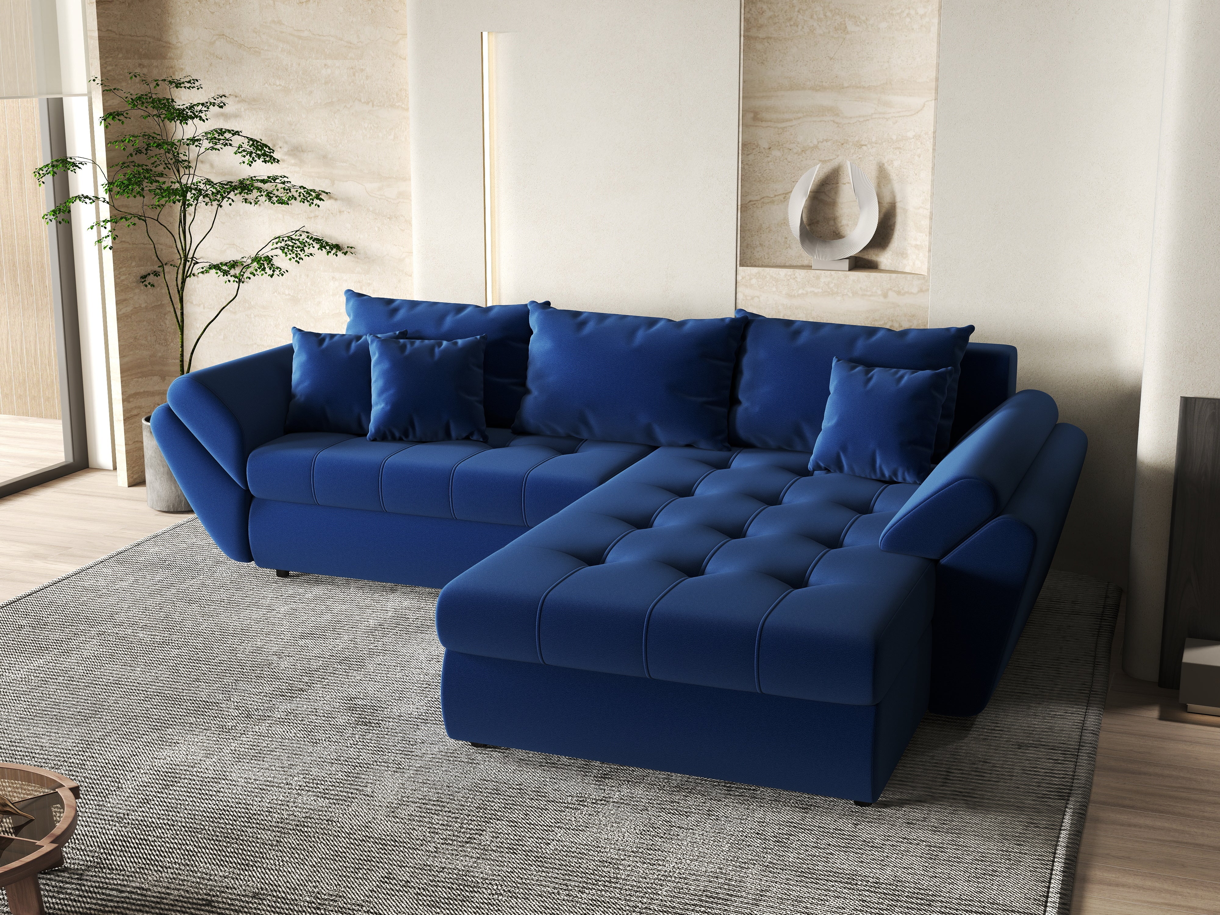 Colțar extensibil dumonde cu ladă de depozitare si sezut confortabil din spuma HR, Loana Royal Blue II 270x185 cm Fabrica
