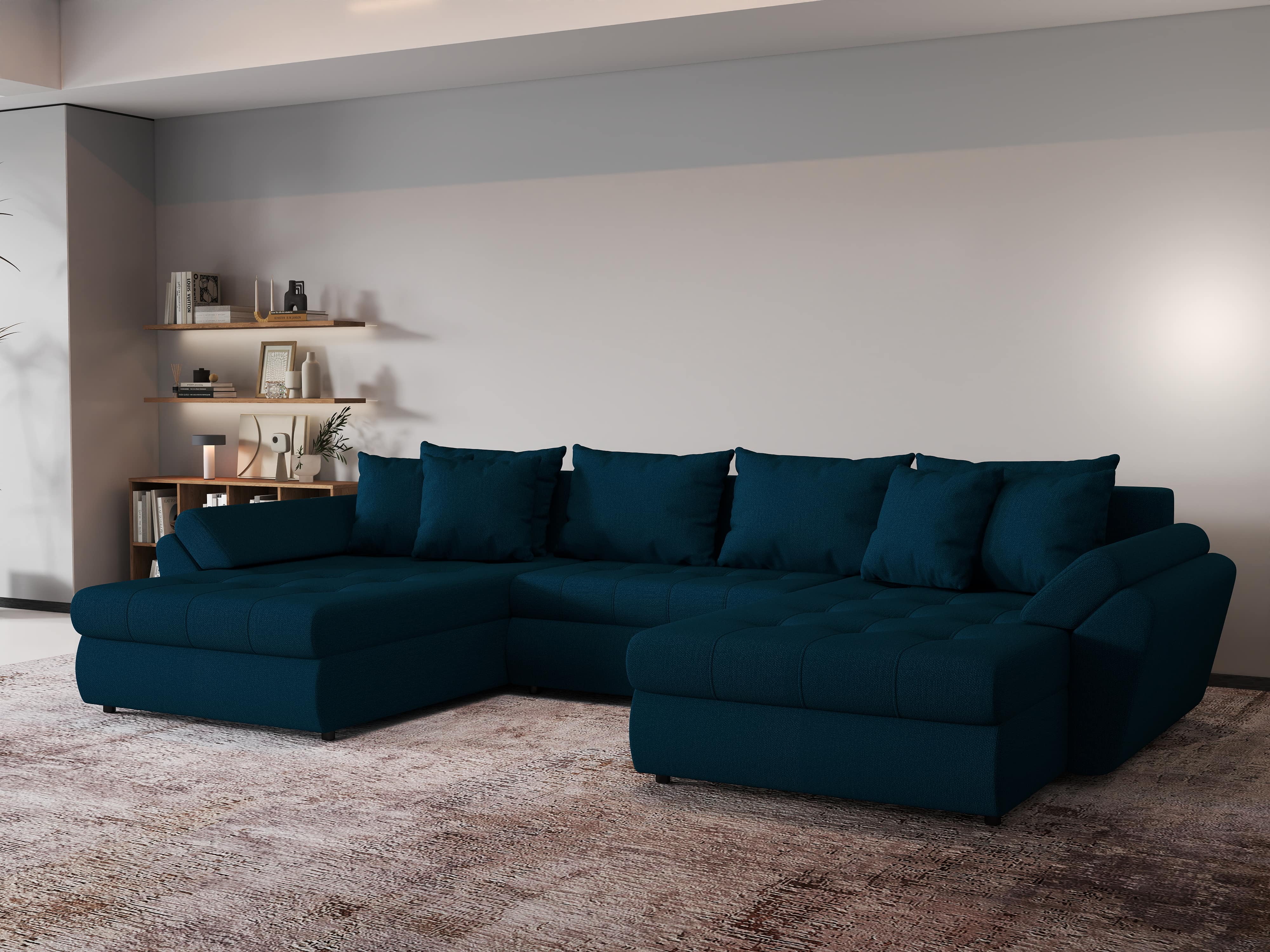 Colțar extensibil dumonde cu ladă de depozitare si sezut confortabil din spuma HR, Loana U Enjoy Petrol 355x185 cm Fabrica