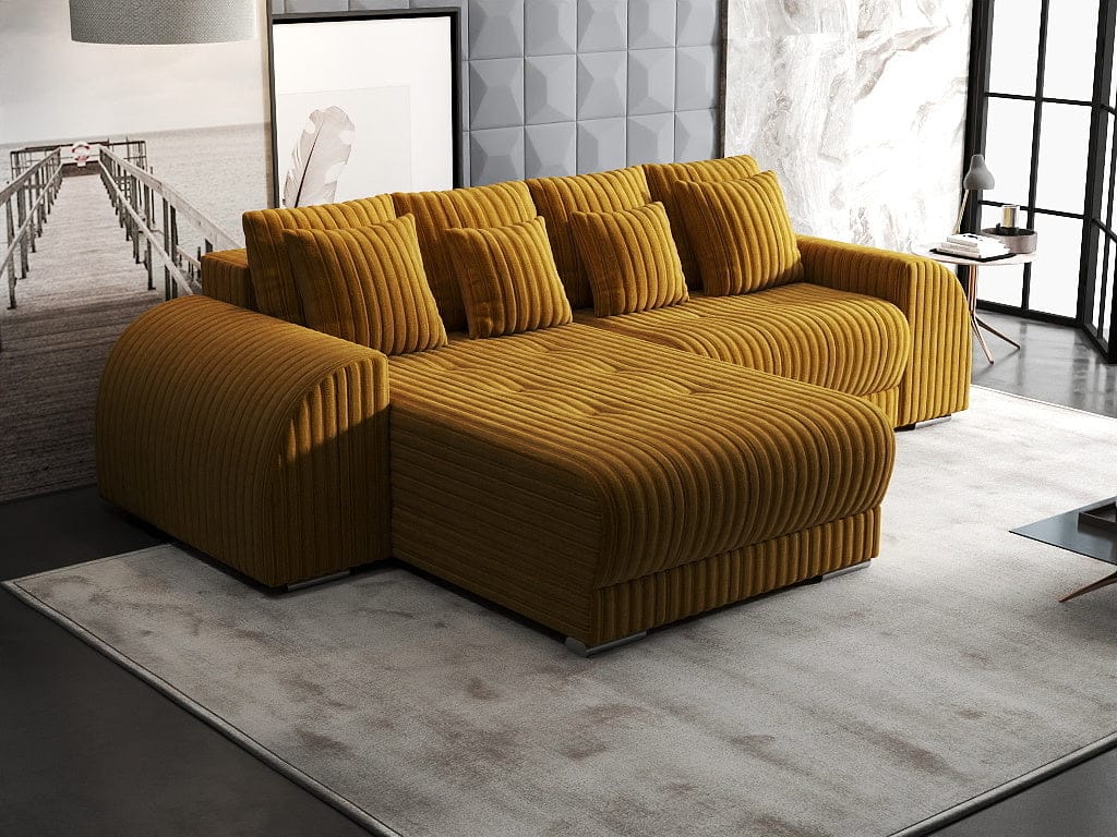 Colțar extensibil dumonde cu ladă de depozitare si sezut confortabil din spuma HR, Verona Ambience Mustar 290x185 cm Fabrica