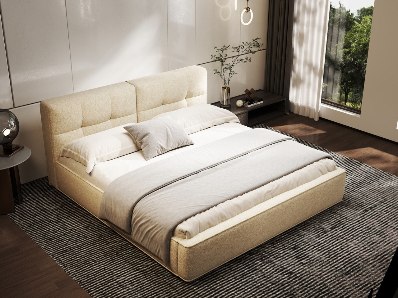 Pat dormitor dumonde, tapitat bej, Madrid 160x200 cm, somiera rabatabila inclusa, spatiu depozitare WLS