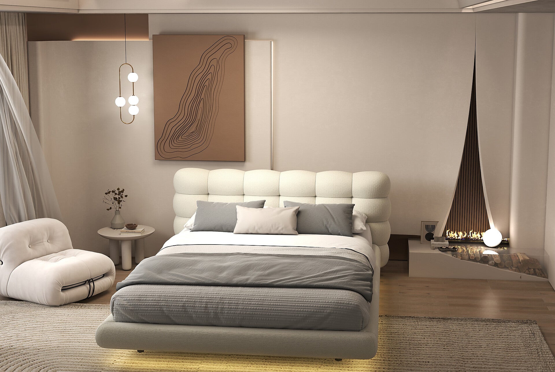 Pat dormitor dumonde, tapitat alb cu LED, "floating bed" Cloud 160x200 cm, somiera inclusa