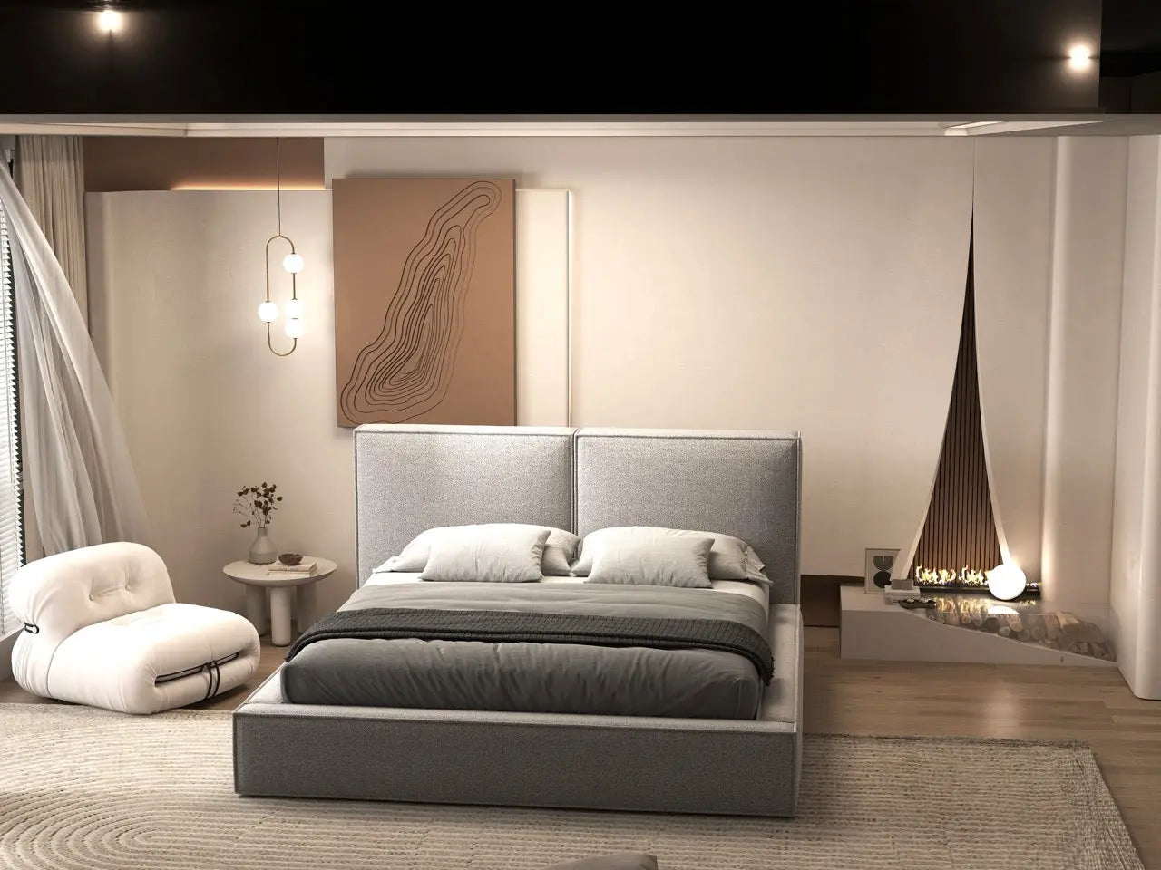 Pat dormitor dumonde, tapitat gri, Dreamer 160x200 cm, somiera rabatabila inclusa, spatiu depozitare WLS