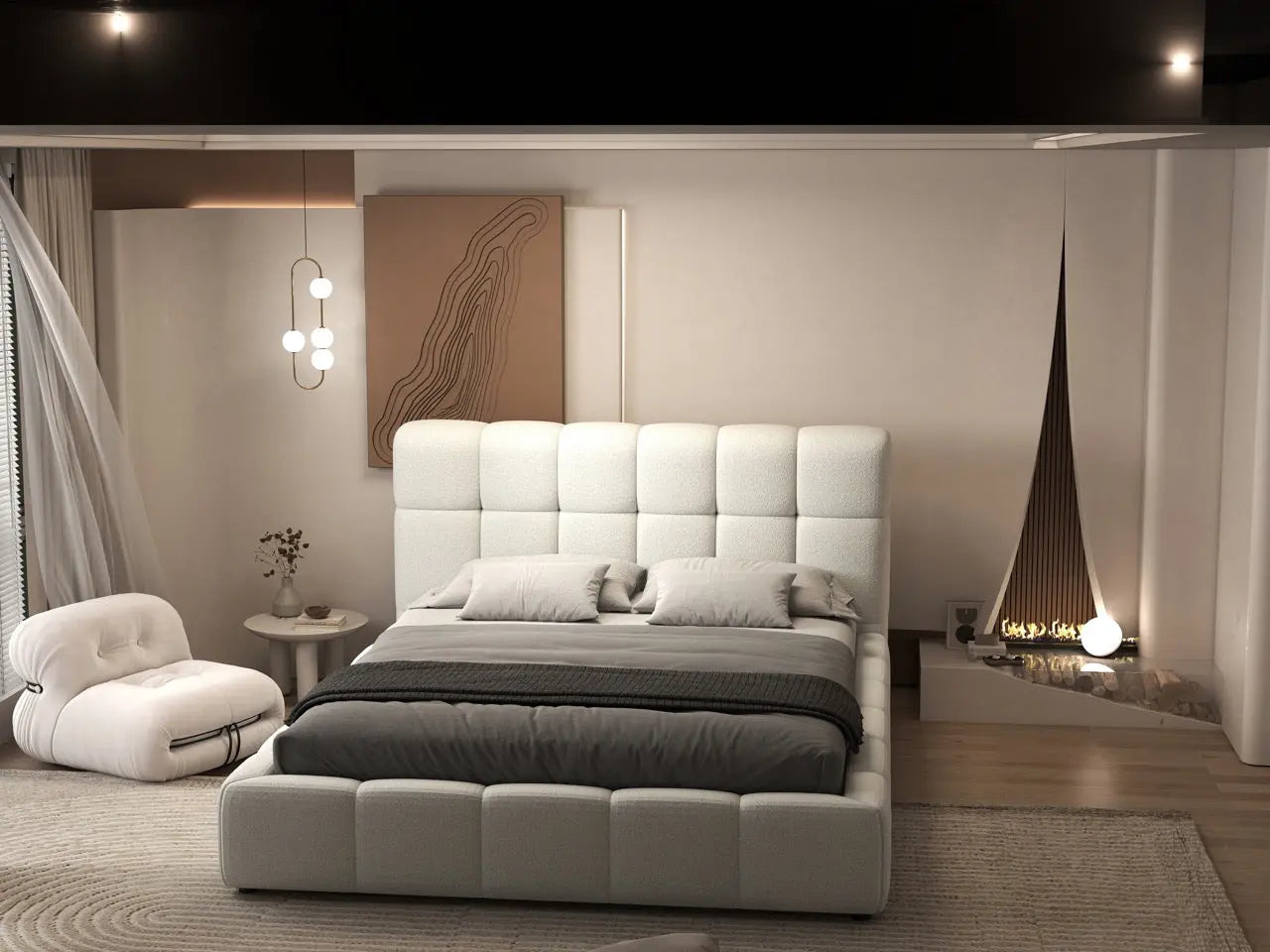 Pat dormitor dumonde, tapitat alb, Lorenzo 160x200 cm, somiera rabatabila inclusa, spatiu depozitare WLS