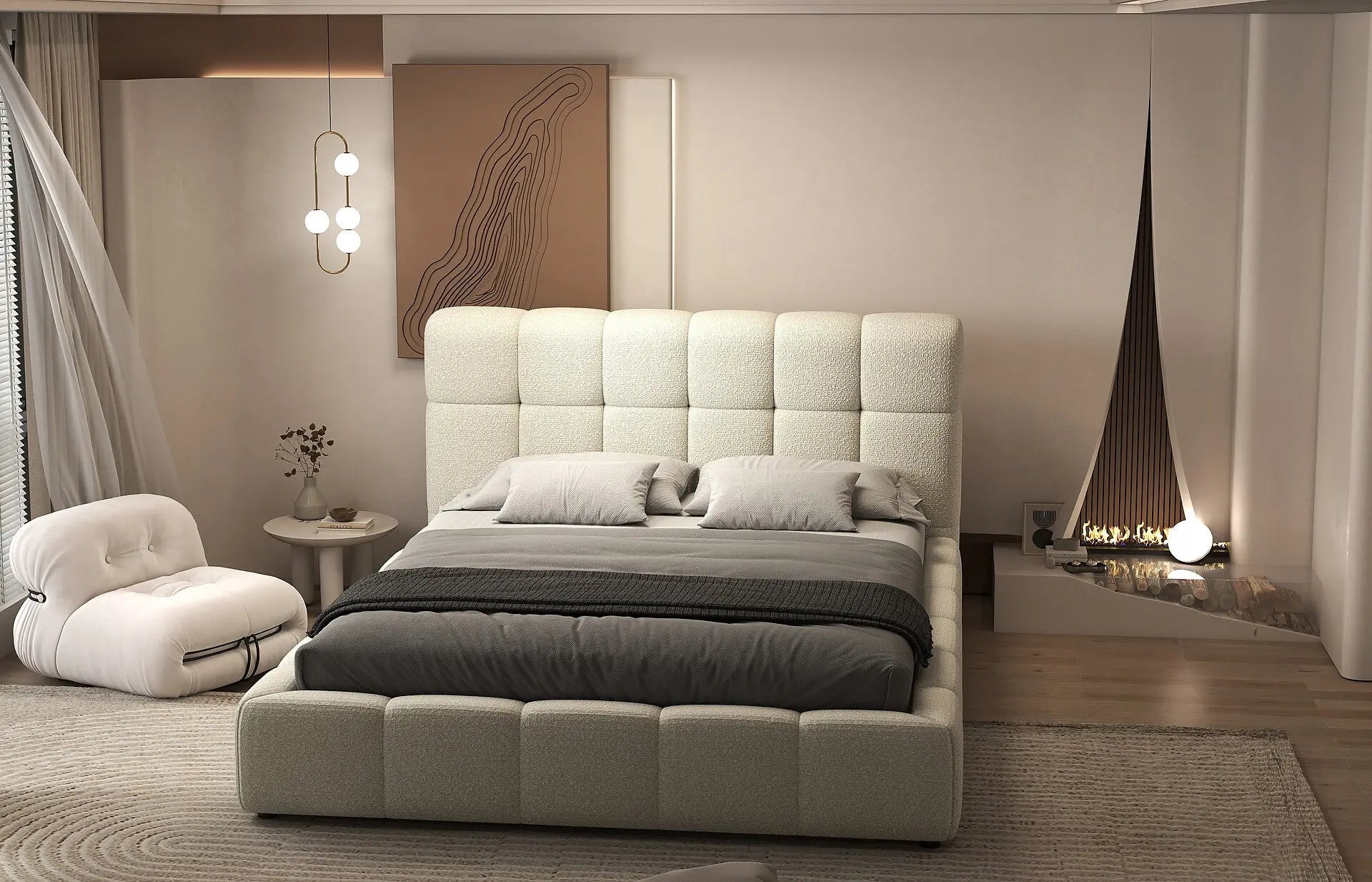 Pat dormitor dumonde, tapitat bej, Lorenzo 160x200 cm, somiera rabatabila inclusa, spatiu depozitare WLS