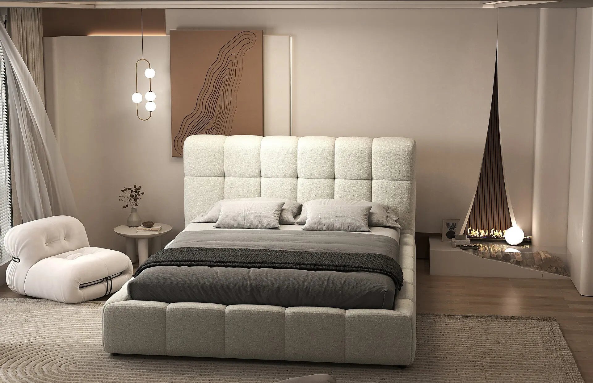 Pat dormitor dumonde, tapitat Alb, Lorenzo 160x200 cm, somiera rabatabila inclusa, spatiu depozitare WLS