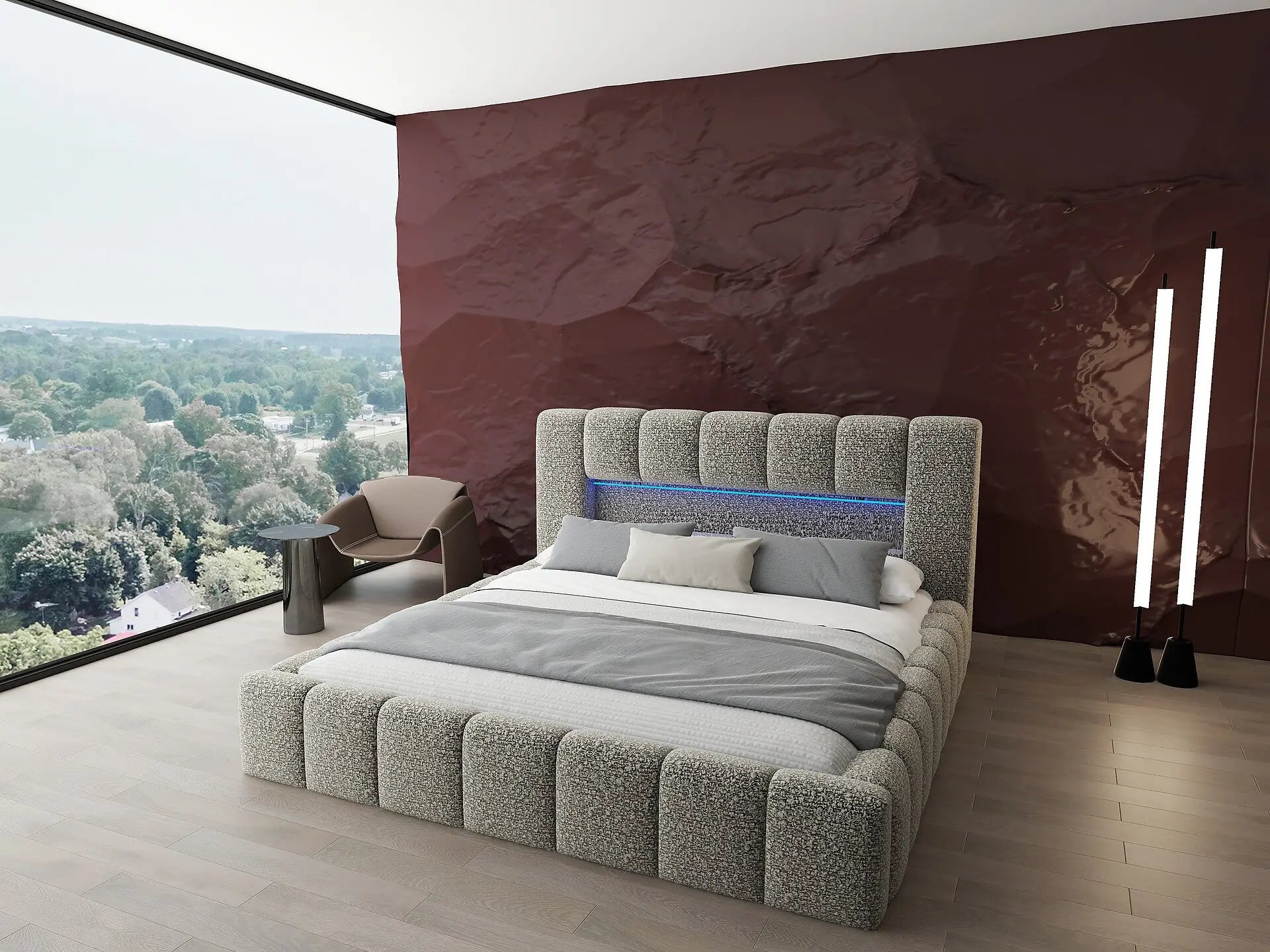 Pat dormitor dumonde, tapitat bej cu LED si USB, Palermo 160x200 cm, somiera rabatabila inclusa, spatiu depozitare WLS