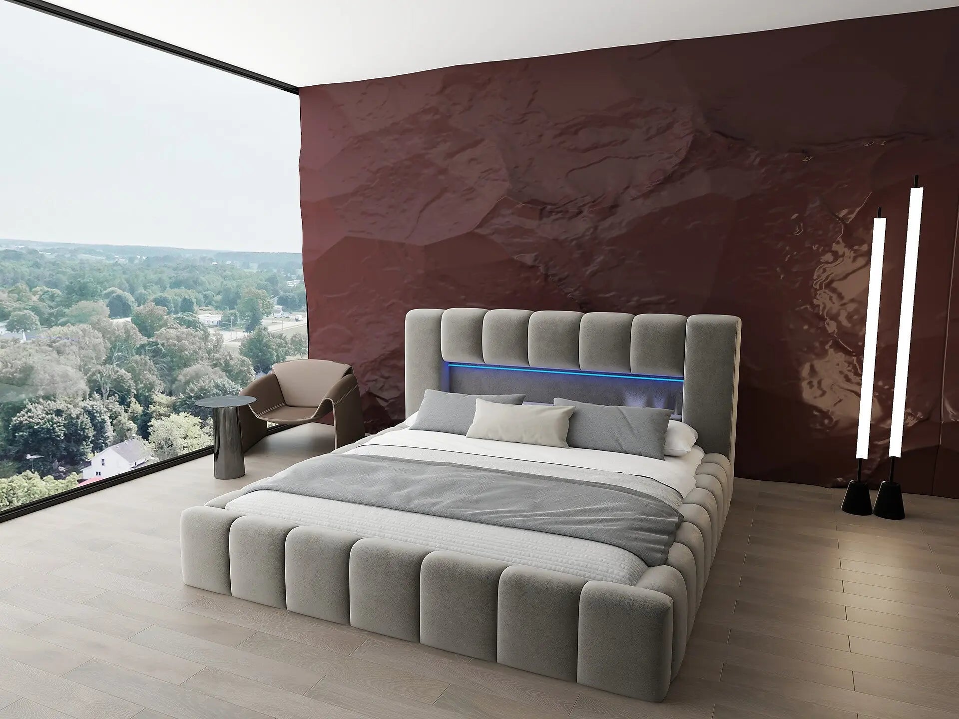 Pat dormitor dumonde, tapitat bej cu LED si USB, Palermo 180x200 cm, somiera rabatabila inclusa, spatiu depozitare WLS