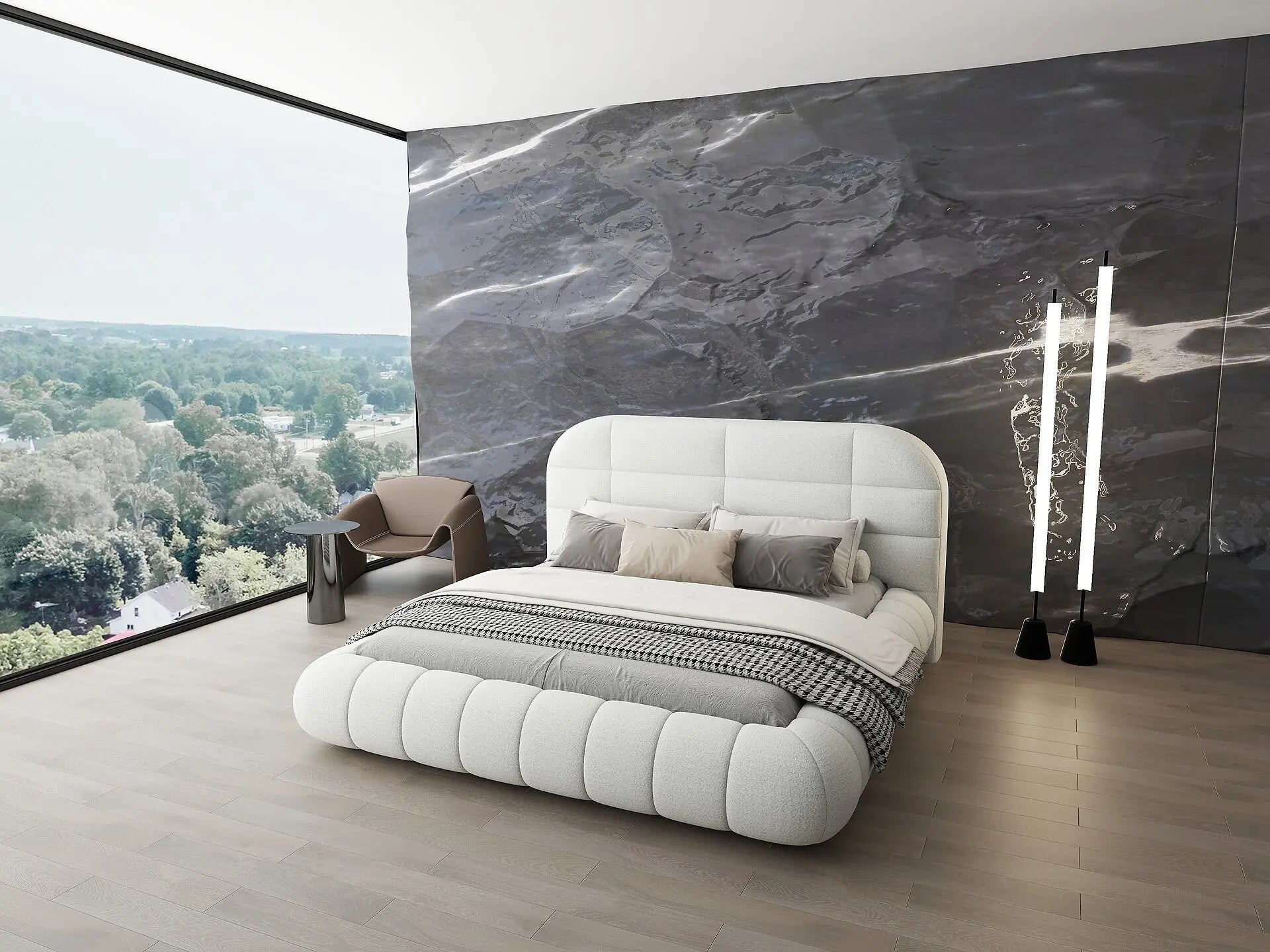 Pat dormitor dumonde, tapitat alb, Senso 160x200 cm, somiera rabatabila inclusa, spatiu depozitare WLS