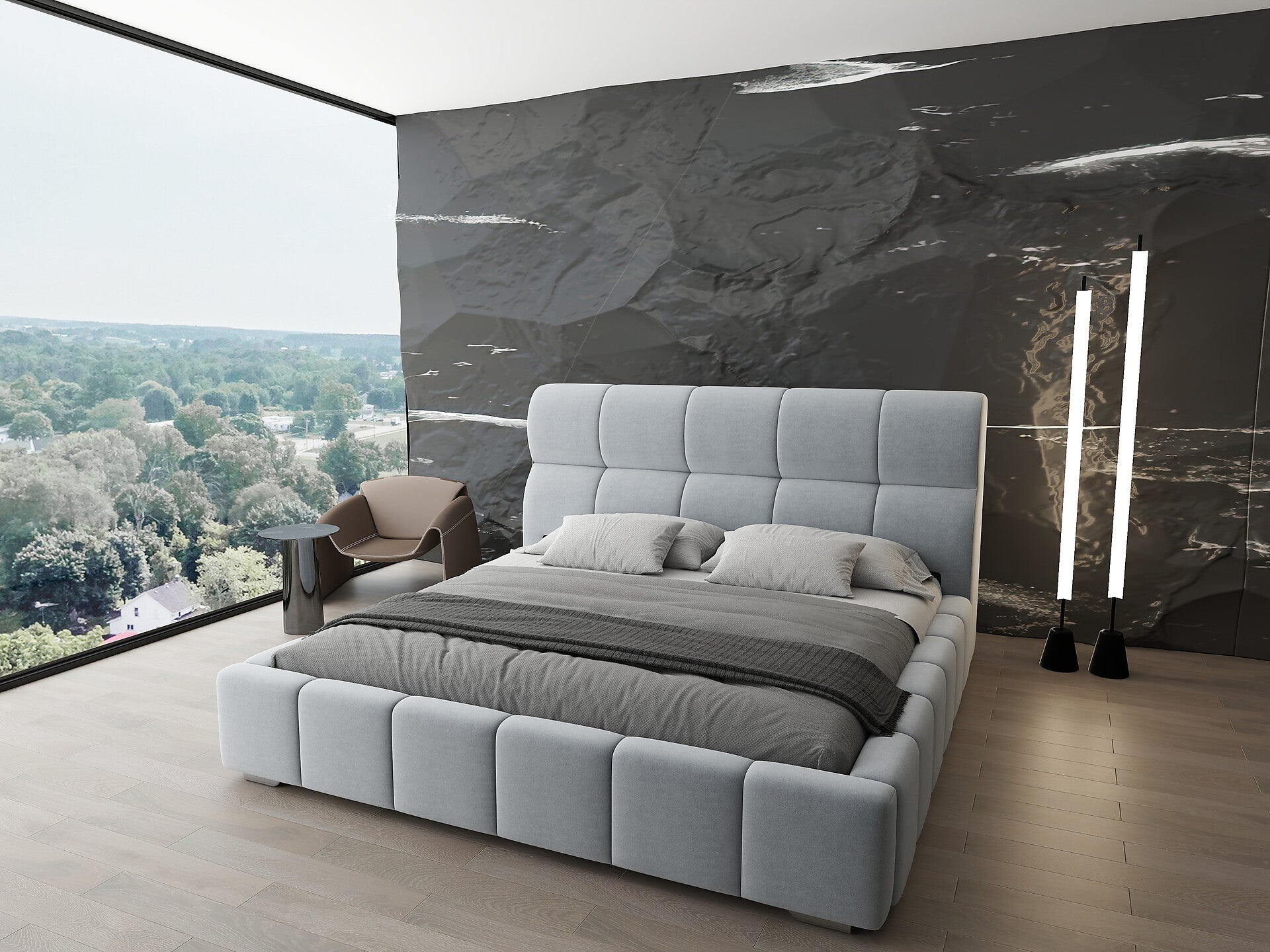 Pat dormitor dumonde, tapitat gri, Prestige 160x200 cm, somiera rabatabila inclusa, spatiu depozitare