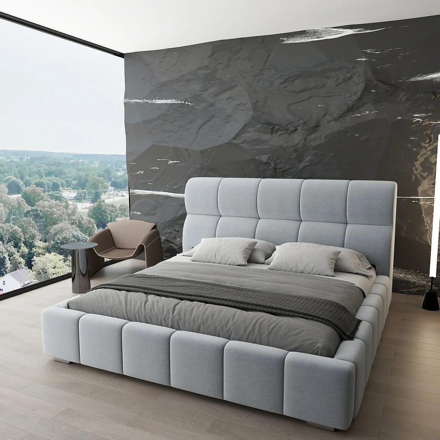 Pat dormitor dumonde, tapitat gri, Prestige 160x200 cm, somiera rabatabila inclusa, spatiu depozitare WLS