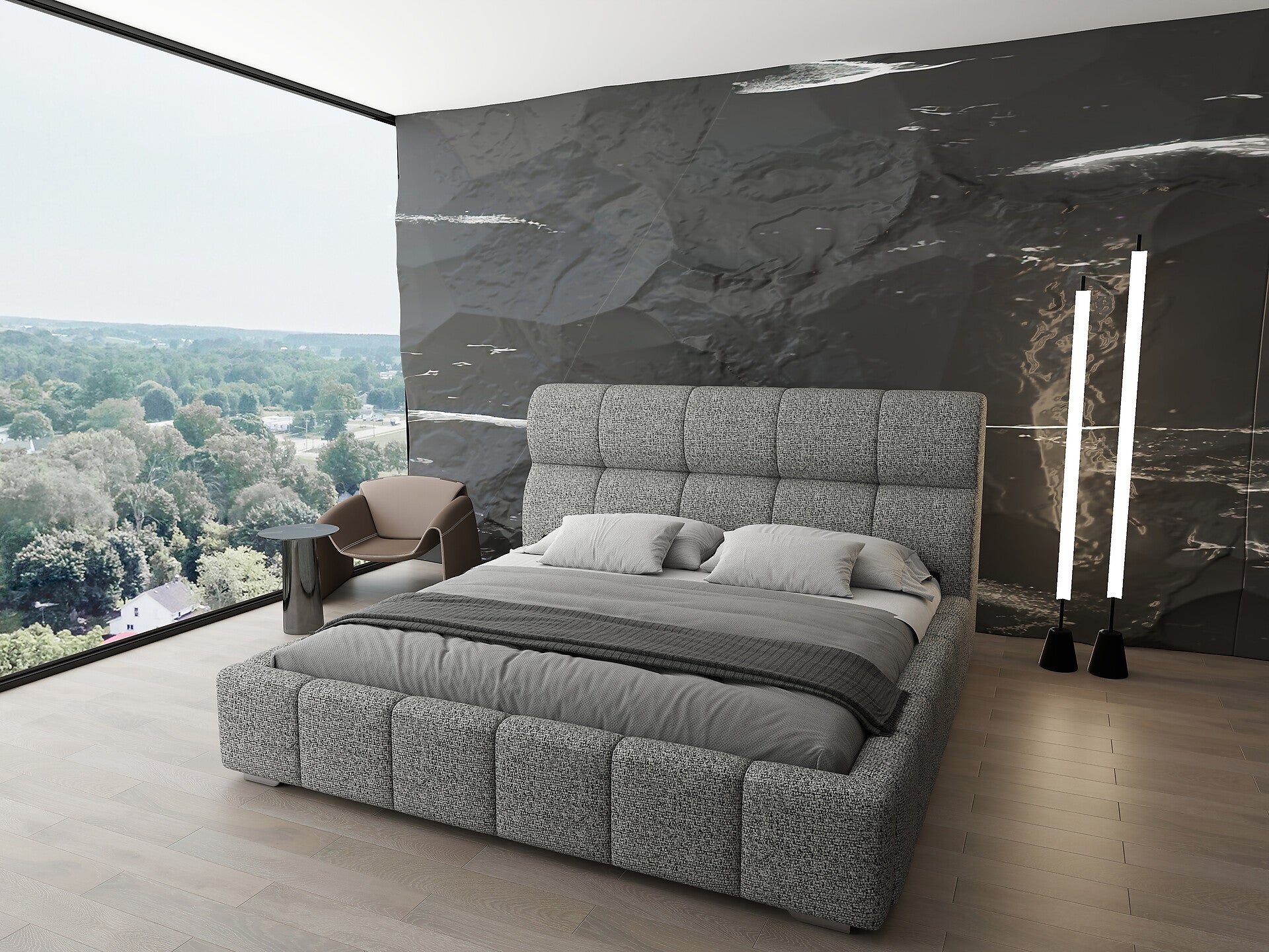 Pat dormitor dumonde, tapitat bej, Prestige 180x200 cm, somiera rabatabila inclusa, spatiu depozitare