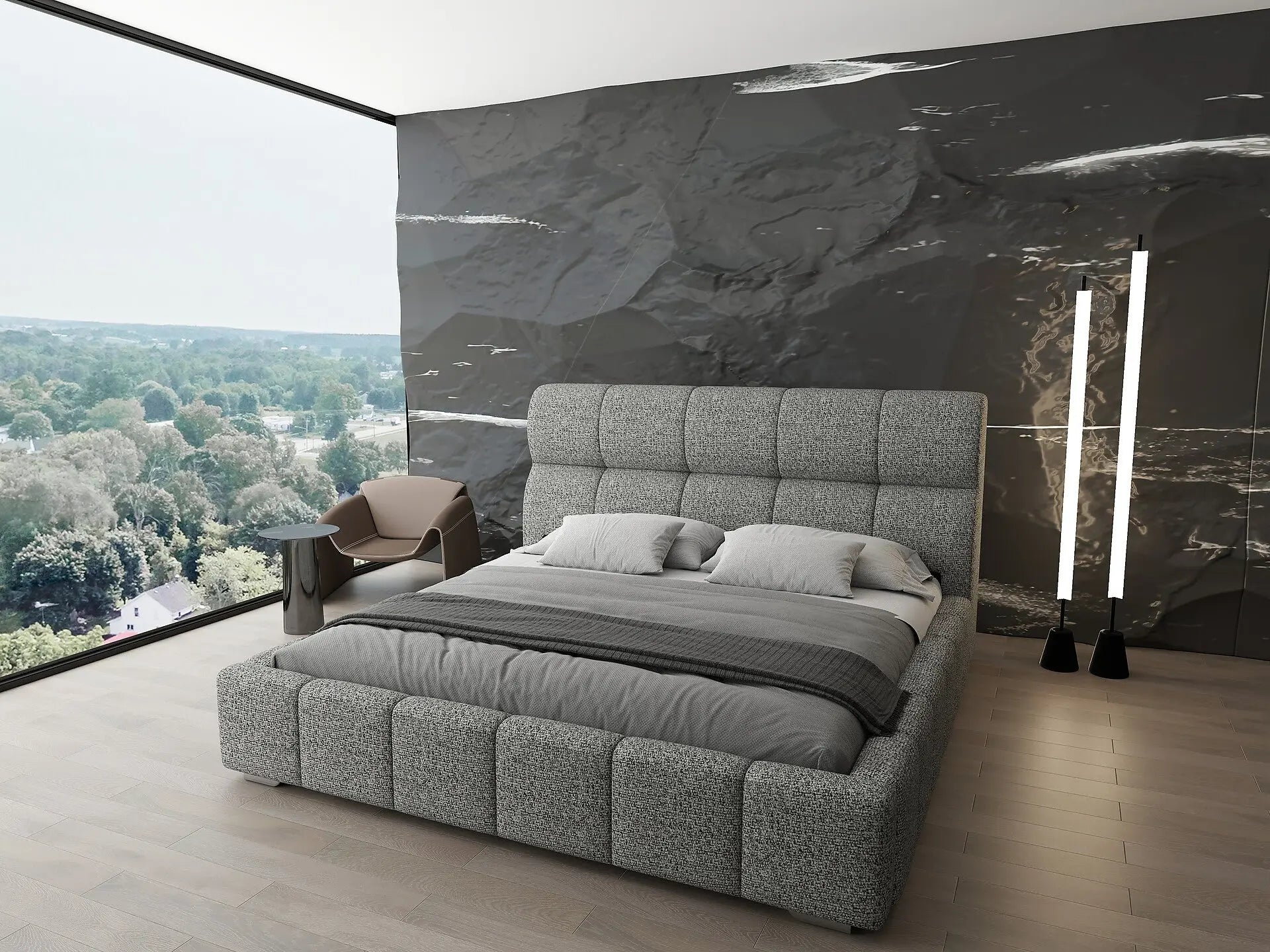 Pat dormitor dumonde, tapitat bej, Prestige 180x200 cm, somiera rabatabila inclusa, spatiu depozitare WLS