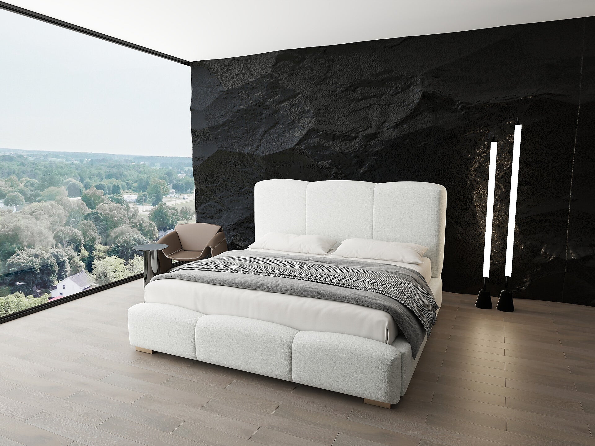 Pat dormitor dumonde, tapitat alb, Havana 140x200 cm, somiera rabatabila inclusa, spatiu depozitare