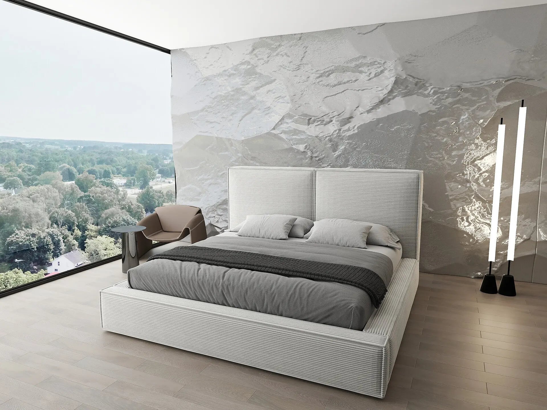 Pat dormitor dumonde, tapitat bej, Dreamer 160x200 cm, somiera rabatabila inclusa, spatiu depozitare WLS