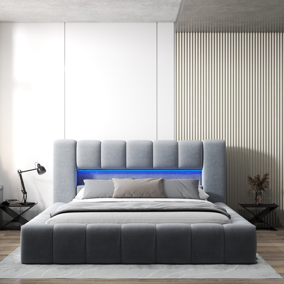 Pat dormitor dumonde, tapitat gri cu LED si USB, Palermo 160x200 cm, somiera rabatabila inclusa, spatiu depozitare