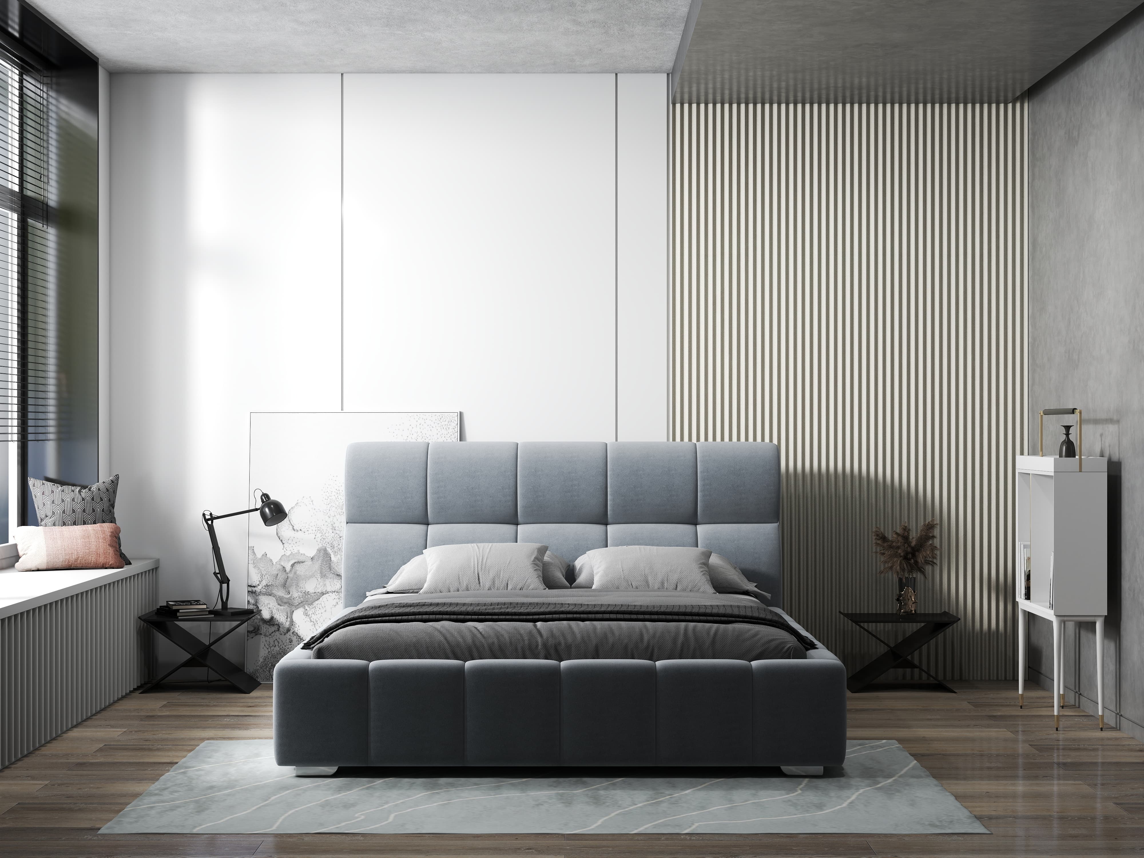 Pat dormitor dumonde, tapitat gri, Prestige 160x200 cm, somiera rabatabila inclusa, spatiu depozitare WLS