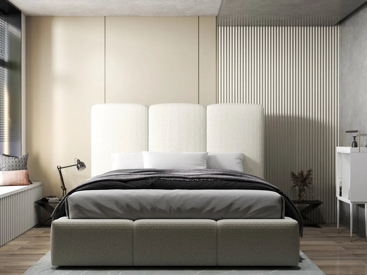 Pat dormitor dumonde, tapitat bej, Dinasty 180x200 cm, somiera rabatabila inclusa, spatiu depozitare WLS